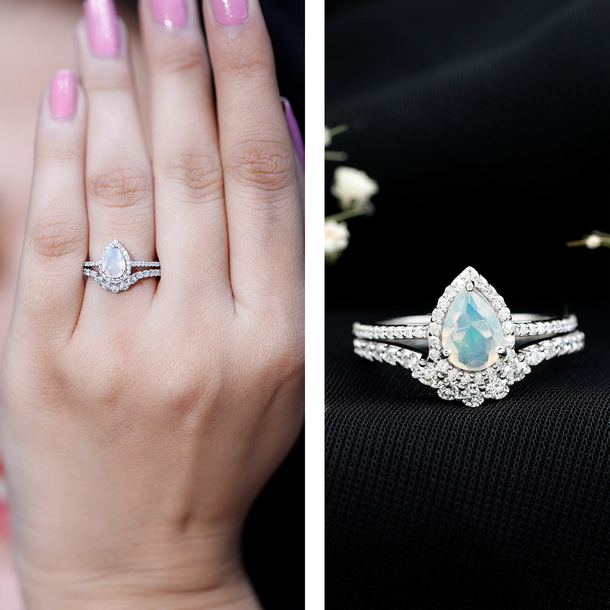Certified Natural Ethiopian Opal Teardrop Wedding Engagement Ring Set of 2 AAA - Rosec Jewels