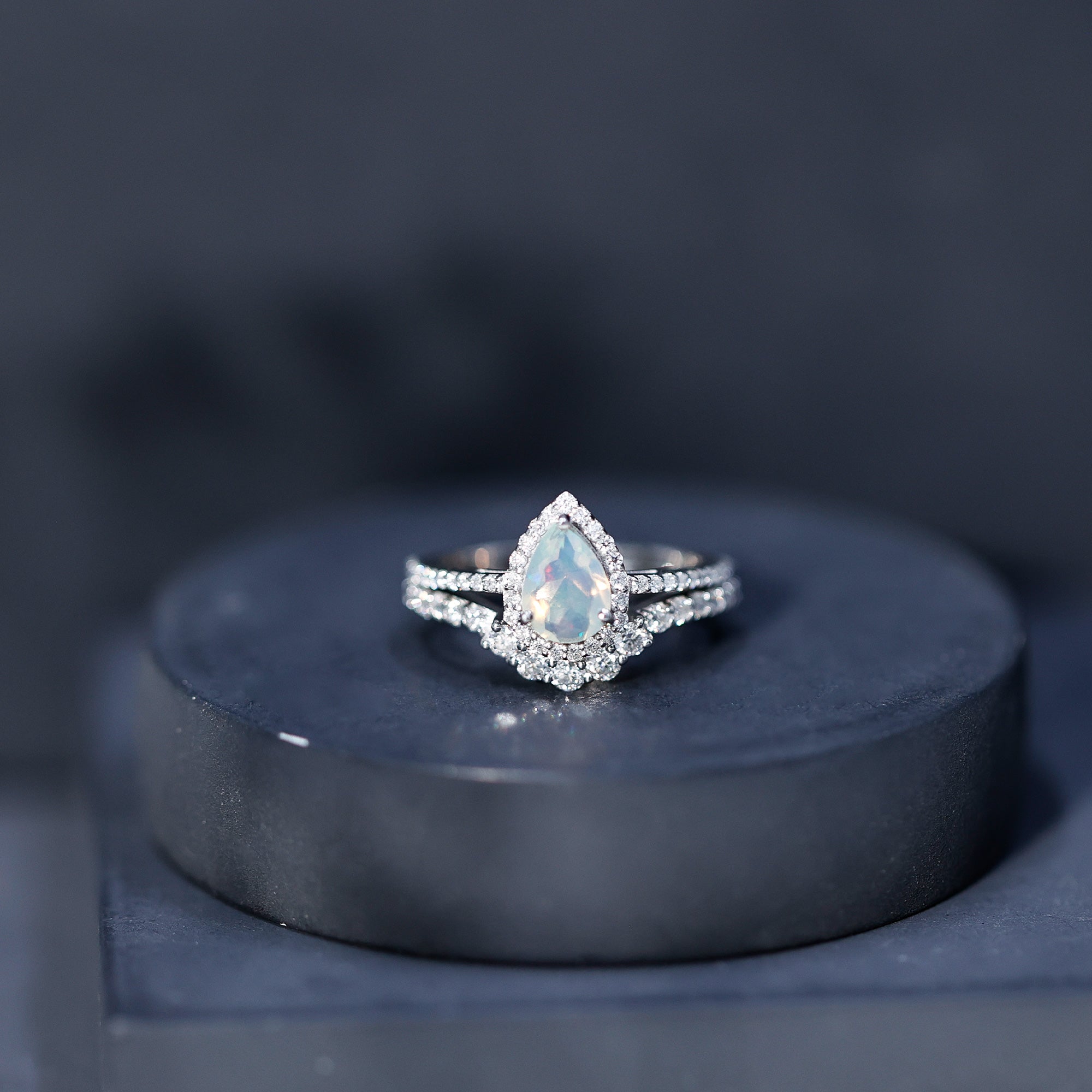 Certified Natural Ethiopian Opal Teardrop Wedding Engagement Ring Set of 2 AAA - Rosec Jewels