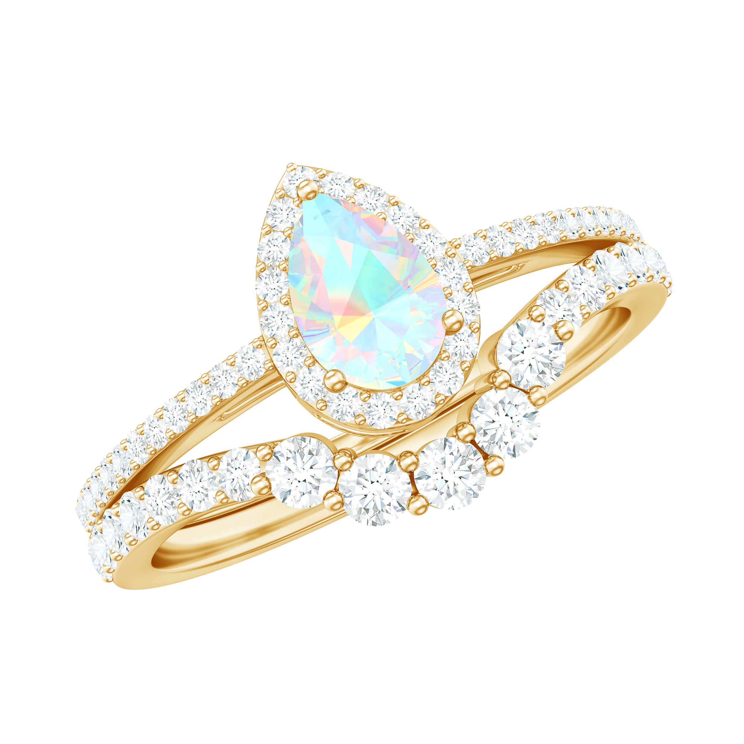 Certified Natural Ethiopian Opal Teardrop Wedding Engagement Ring Set of 2 AAA - Rosec Jewels
