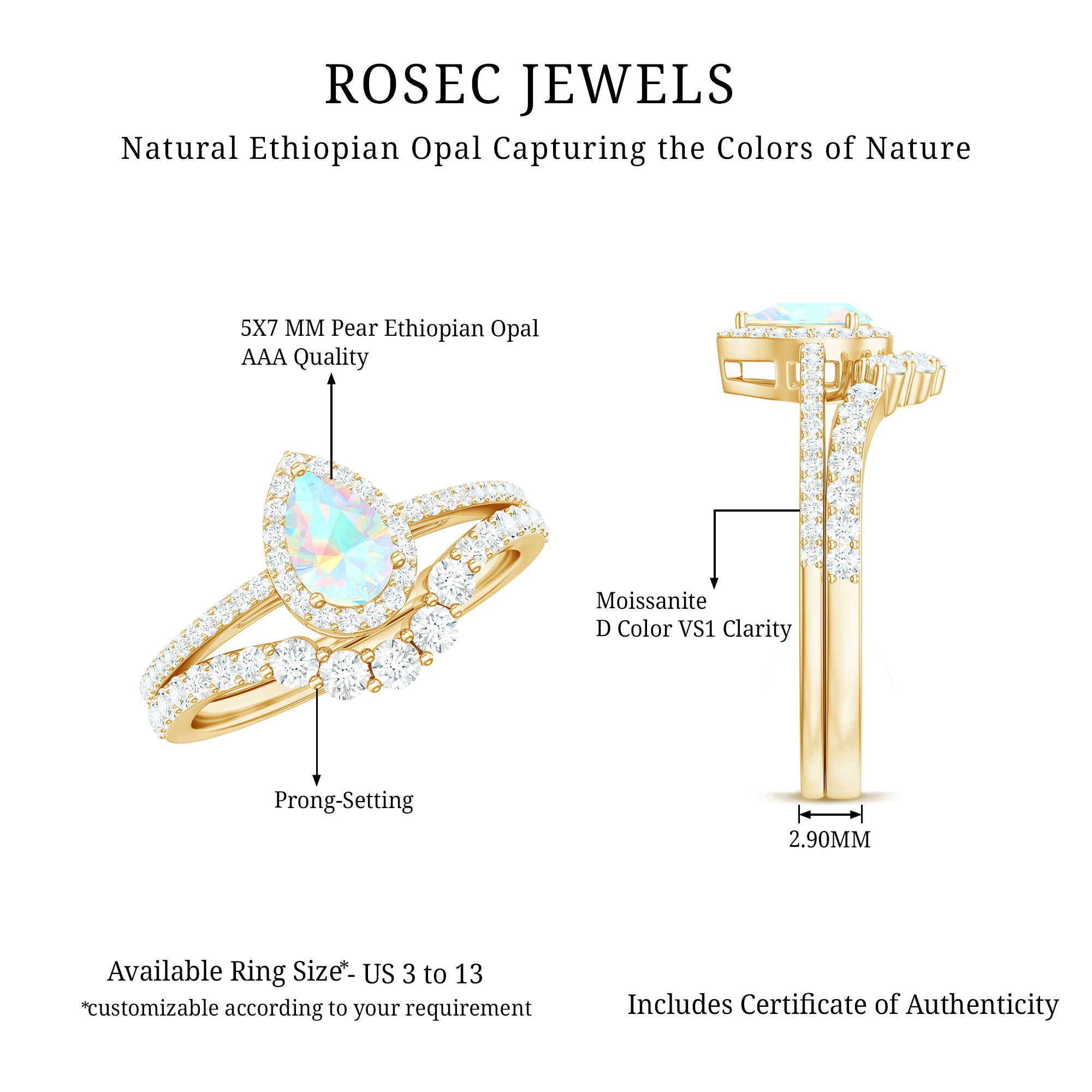 Certified Natural Ethiopian Opal Teardrop Wedding Engagement Ring Set of 2 AAA - Rosec Jewels