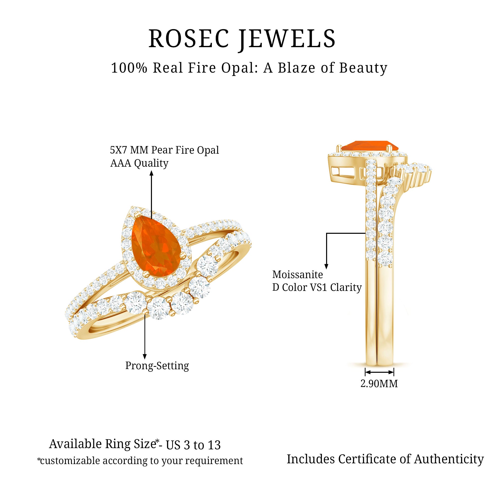 Fire Opal Designer Teardrop Ring Set with Moissanite Halo AAA - Rosec Jewels