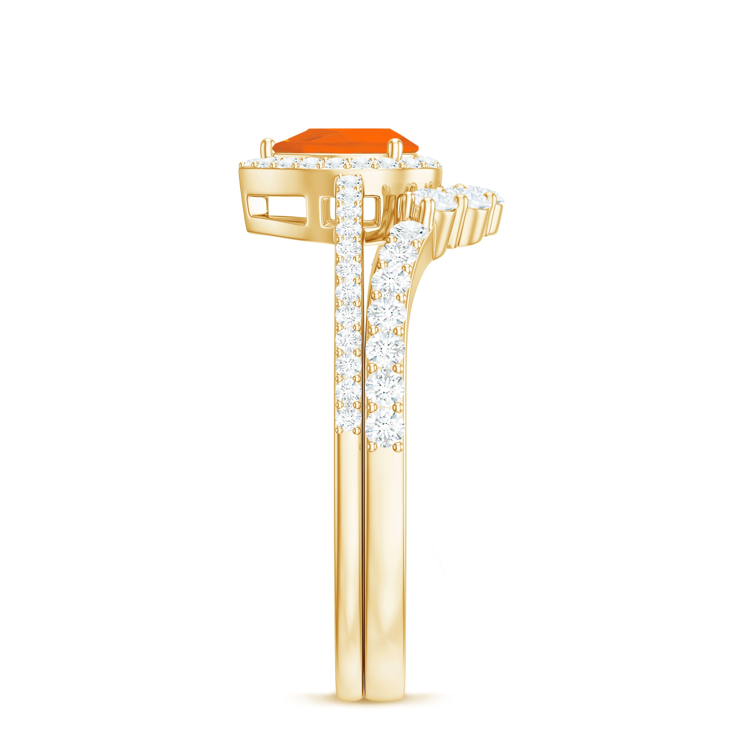 Fire Opal Designer Teardrop Ring Set with Moissanite Halo AAA - Rosec Jewels