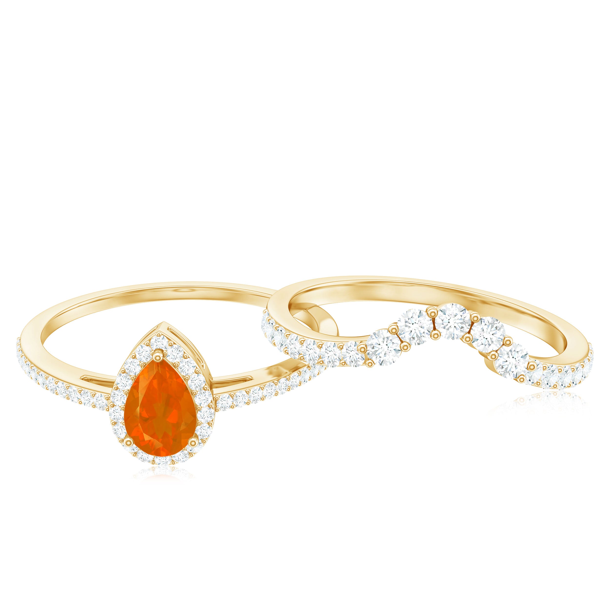 Fire Opal Designer Teardrop Ring Set with Moissanite Halo AAA - Rosec Jewels