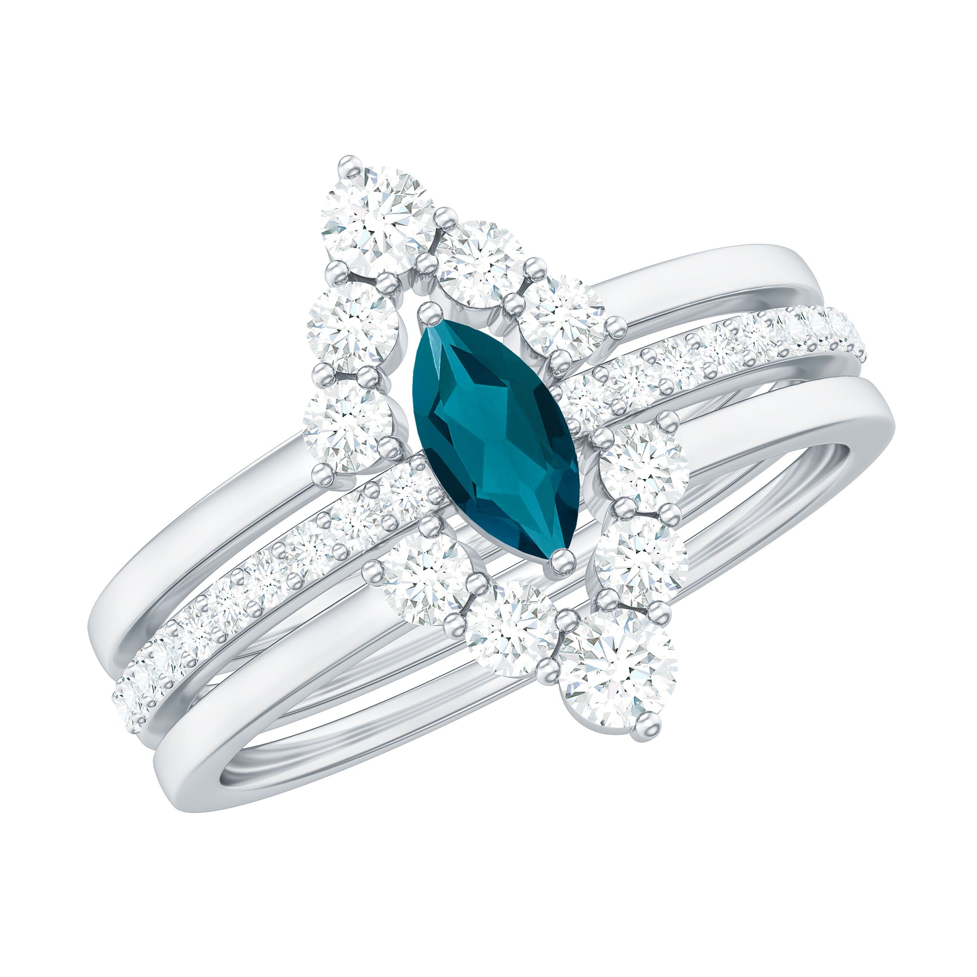 Rosec Jewels-Marquise London Blue Topaz Bridal Ring Set with 2 Diamond Ring Guards