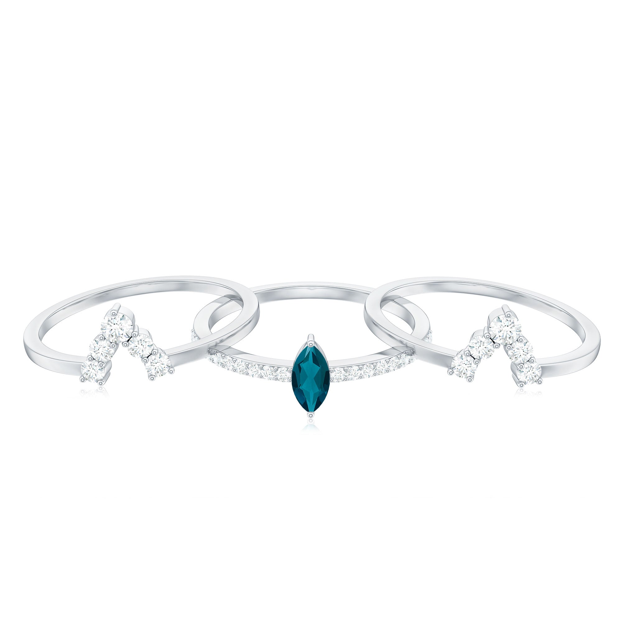 Rosec Jewels-Marquise London Blue Topaz Bridal Ring Set with 2 Diamond Ring Guards