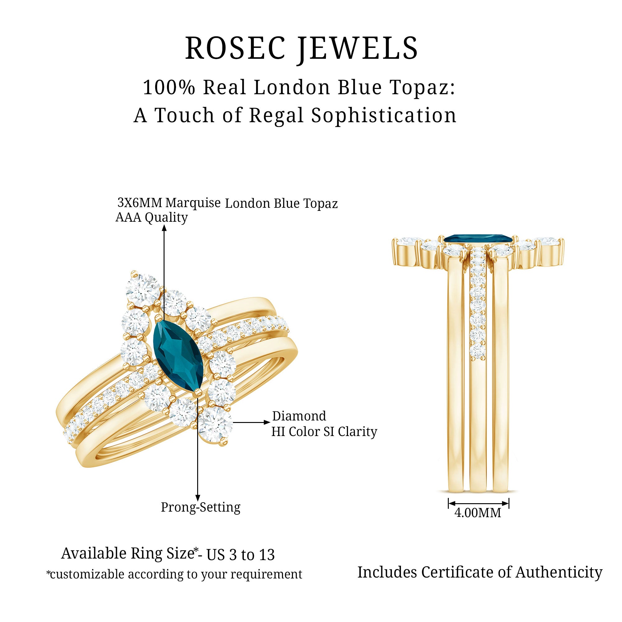 Rosec Jewels-Marquise London Blue Topaz Bridal Ring Set with 2 Diamond Ring Guards