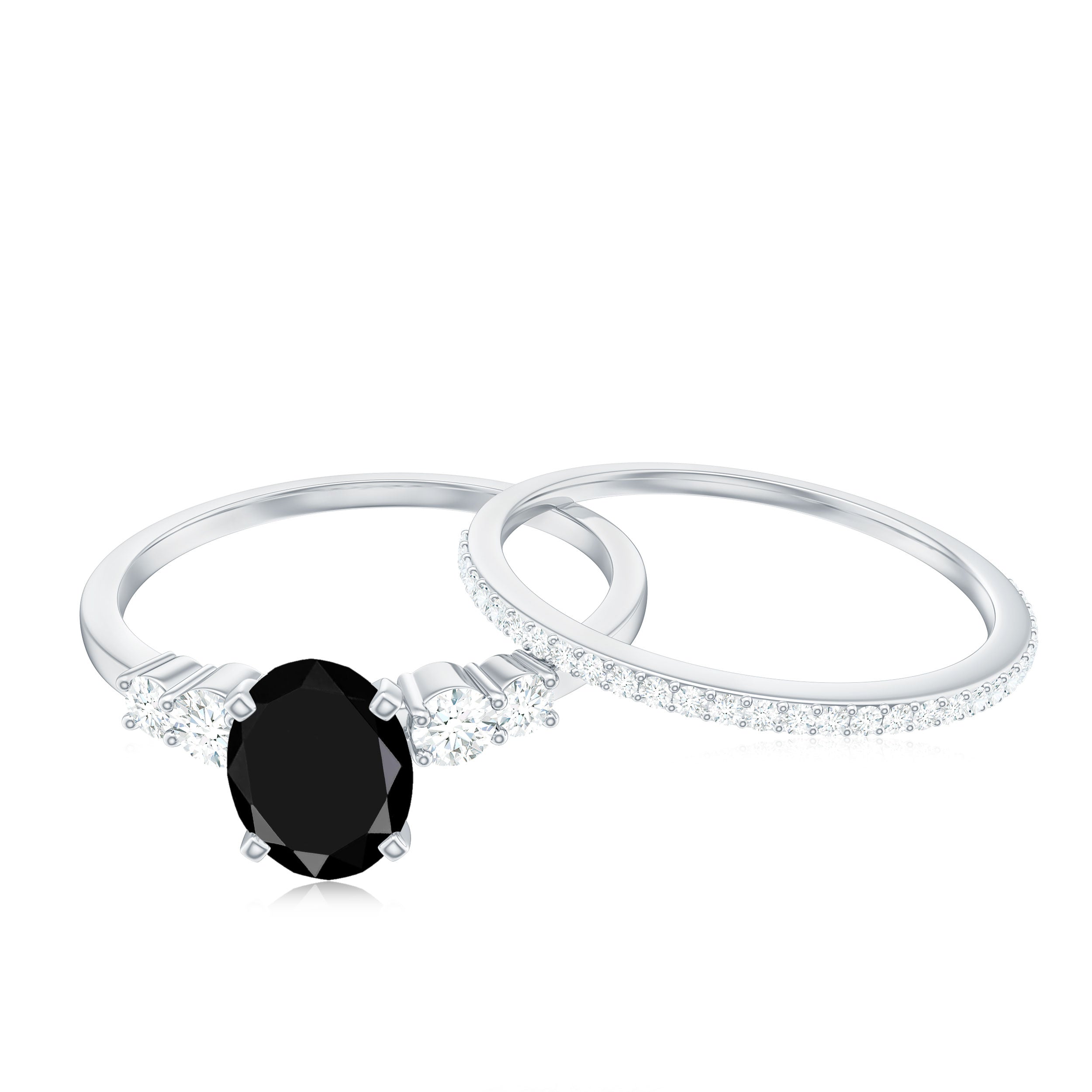 1.5 CT Oval Created Black Diamond Solitaire Ring Set with Diamond