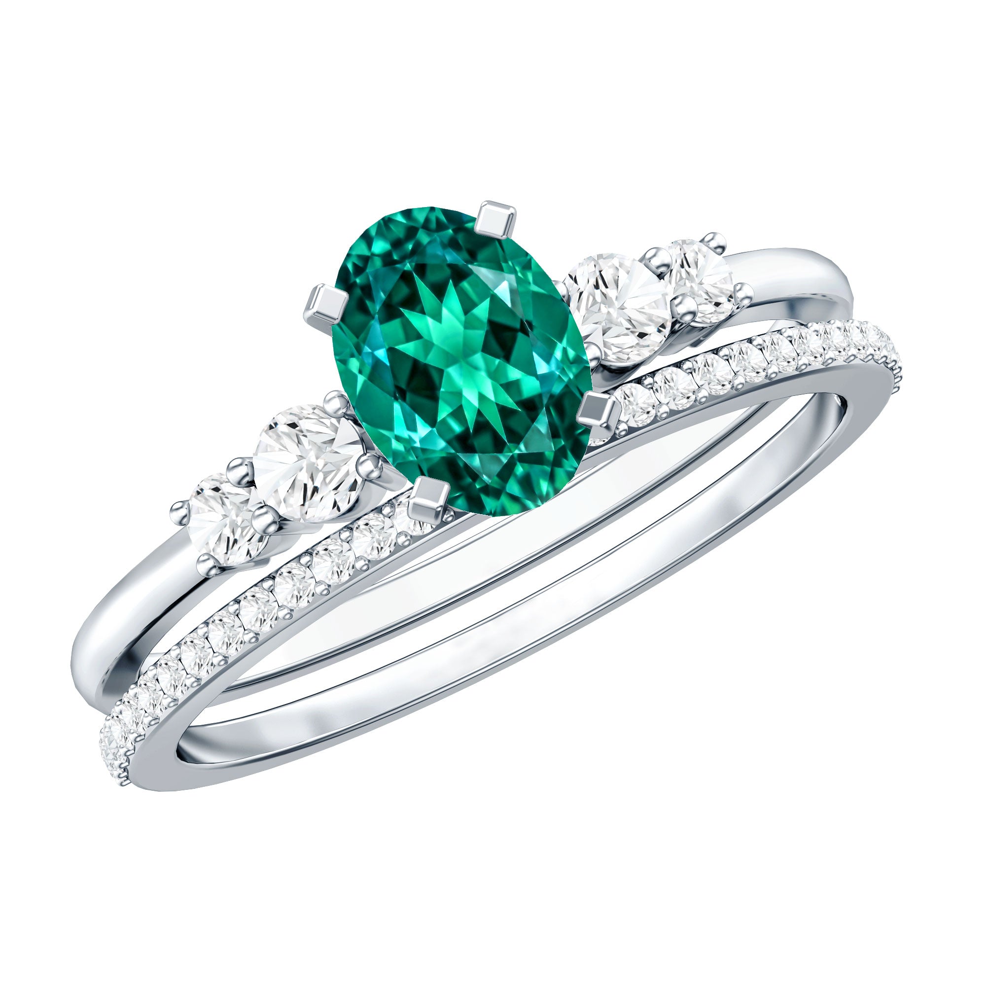 Certified Oval Lab Grown Emerald Diamond Engagement Ring Set AAAA - Rosec Jewels