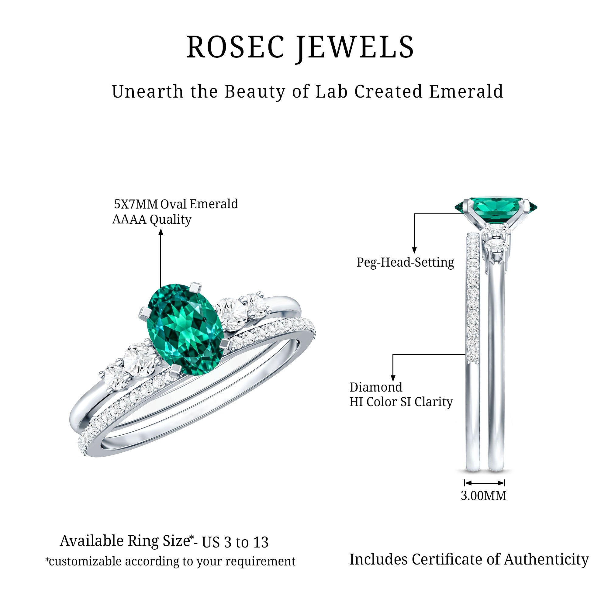 Certified Oval Lab Grown Emerald Diamond Engagement Ring Set AAAA - Rosec Jewels