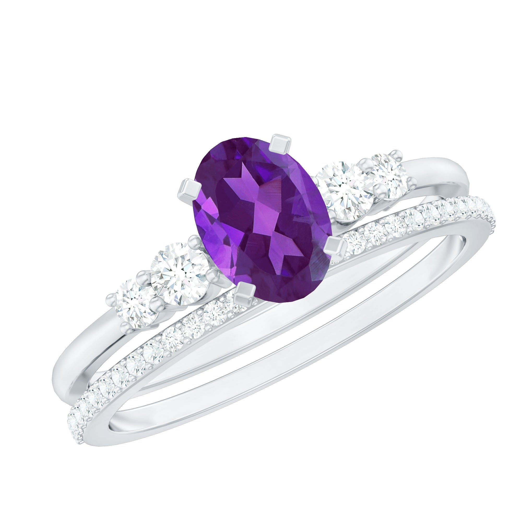 Oval Amethyst Solitaire Ring Set with Diamond