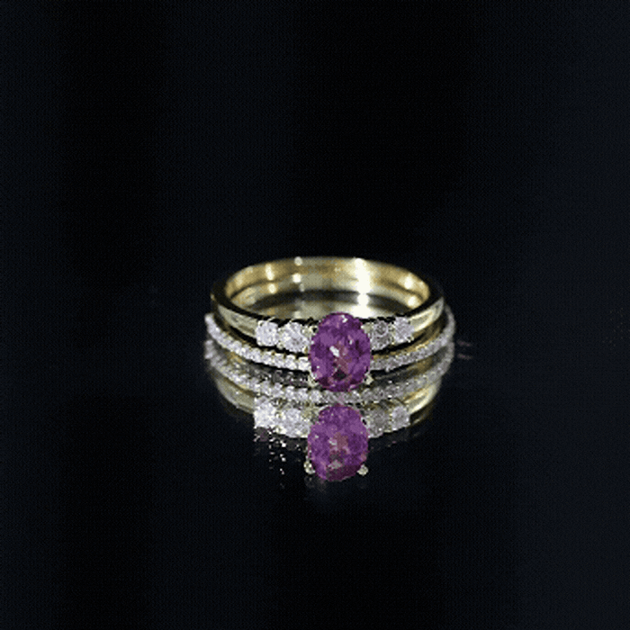 Genuine Rhodolite Oval Engagement Ring with Diamond Wedding Band AAA 14K Yellow Gold Plated Silver - Rosec Jewels