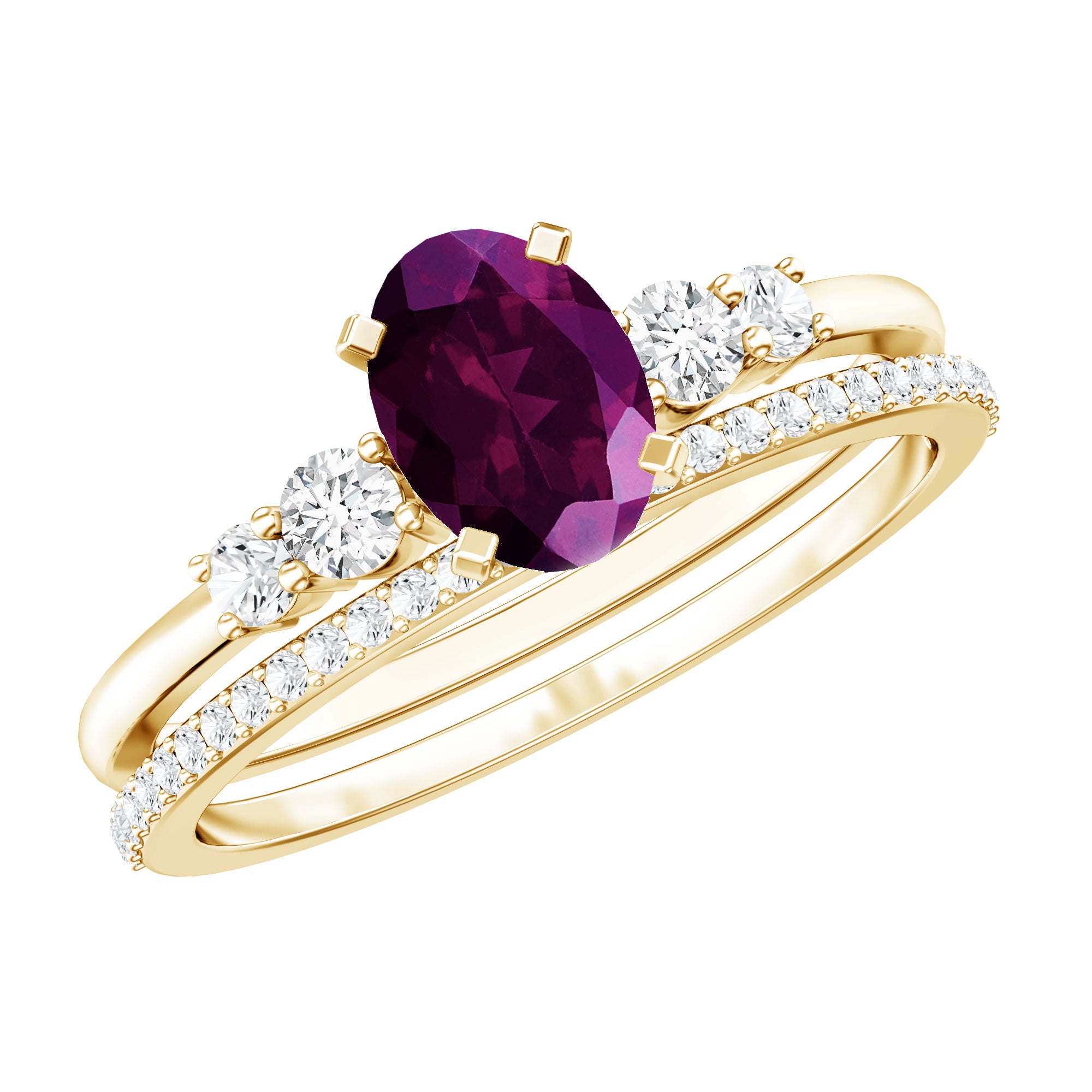 Genuine Rhodolite Oval Engagement Ring with Diamond Wedding Band AAA 14K Yellow Gold Plated Silver - Rosec Jewels