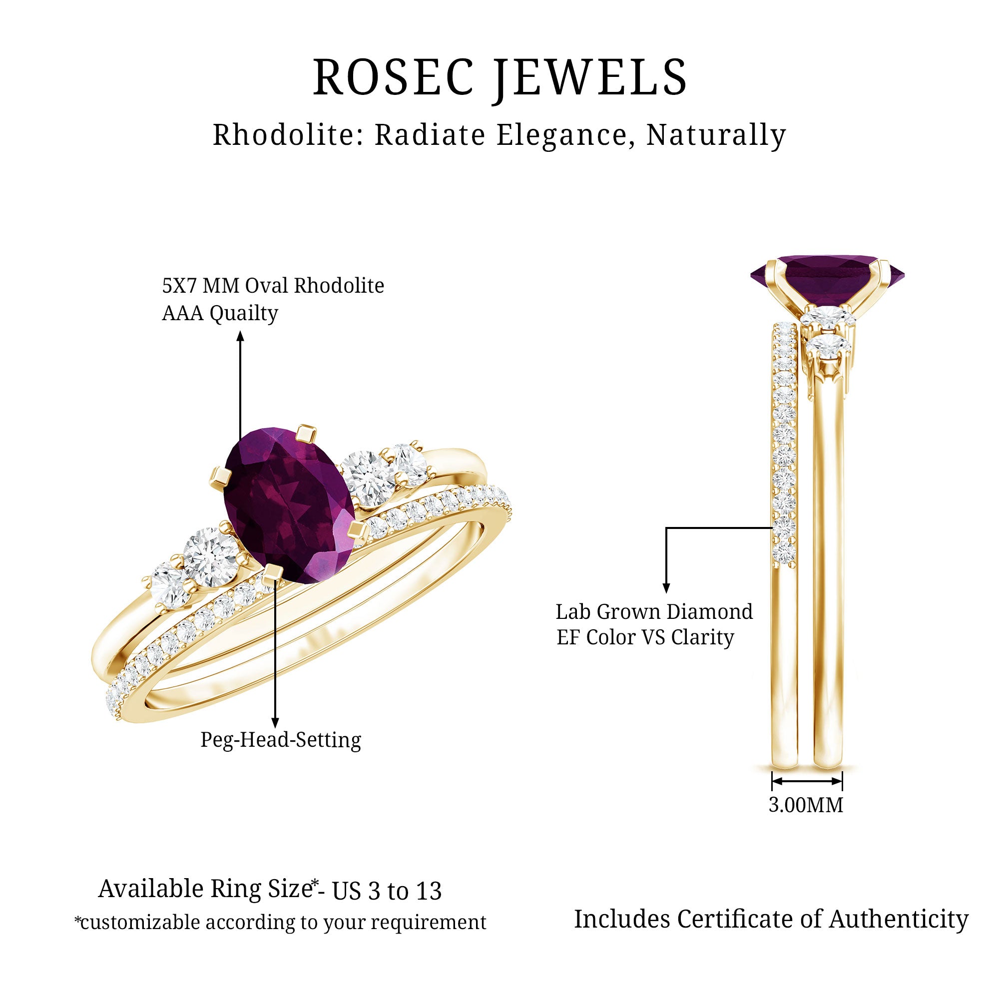 Genuine Rhodolite Oval Engagement Ring with Diamond Wedding Band AAA 14K Yellow Gold Plated Silver - Rosec Jewels