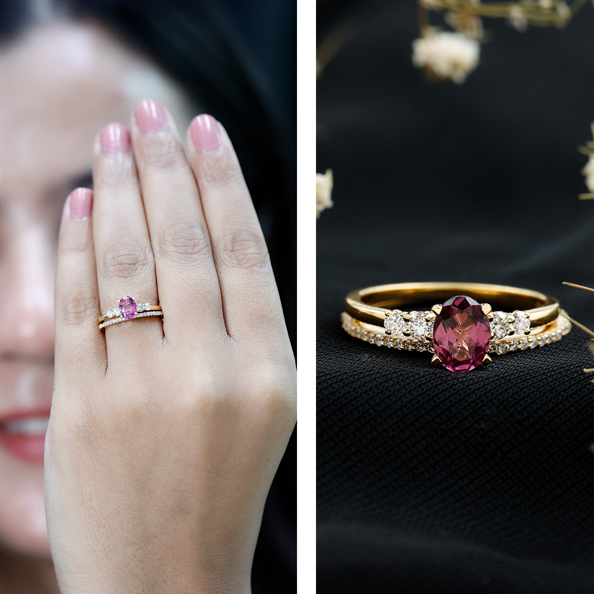 Genuine Rhodolite Oval Engagement Ring with Diamond Wedding Band AAA 14K Yellow Gold Plated Silver - Rosec Jewels