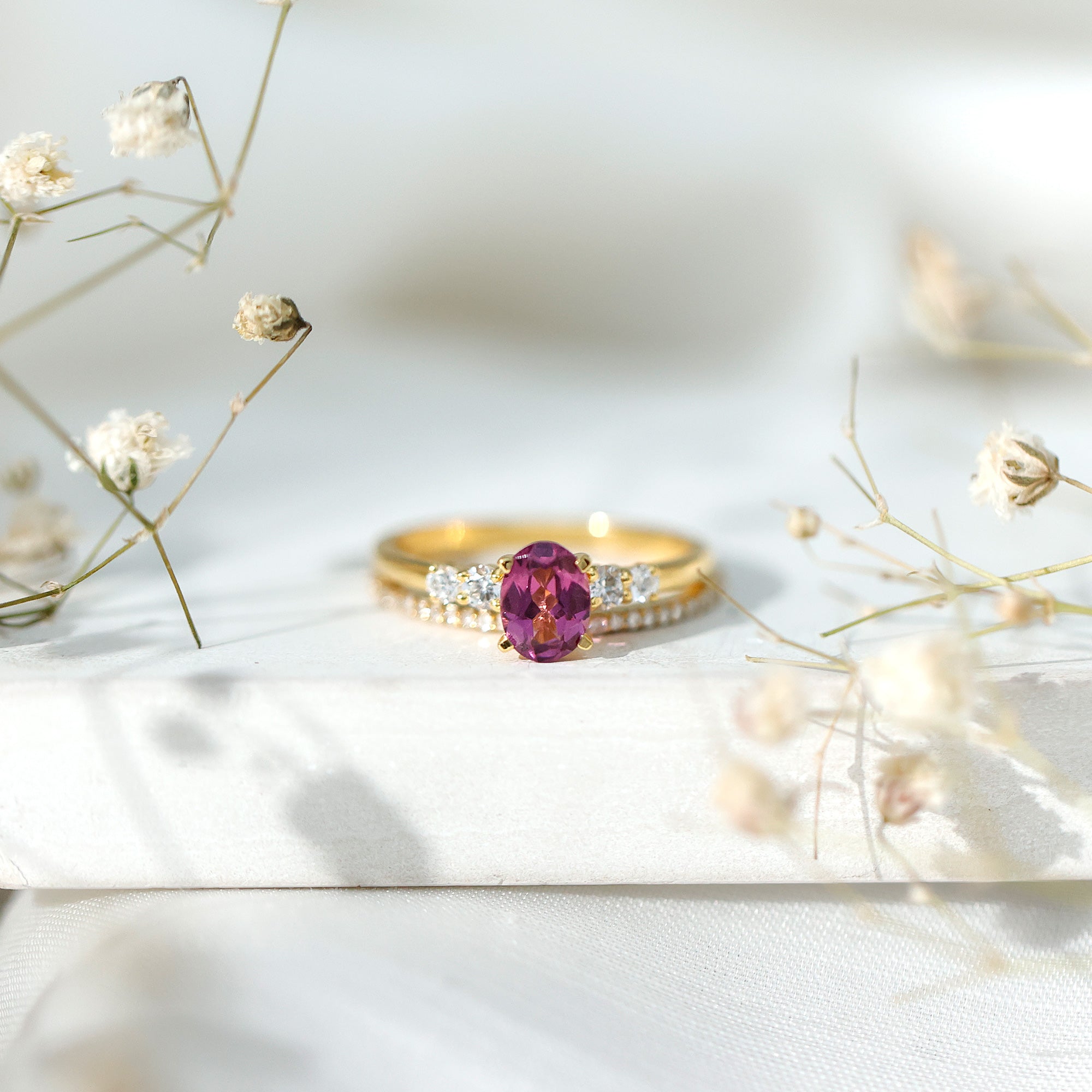 Genuine Rhodolite Oval Engagement Ring with Diamond Wedding Band AAA 14K Yellow Gold Plated Silver - Rosec Jewels