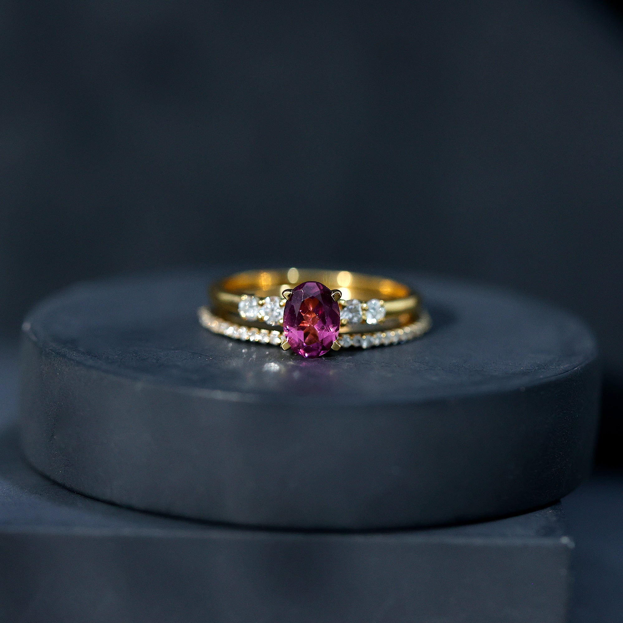 Genuine Rhodolite Oval Engagement Ring with Diamond Wedding Band AAA 14K Yellow Gold Plated Silver - Rosec Jewels