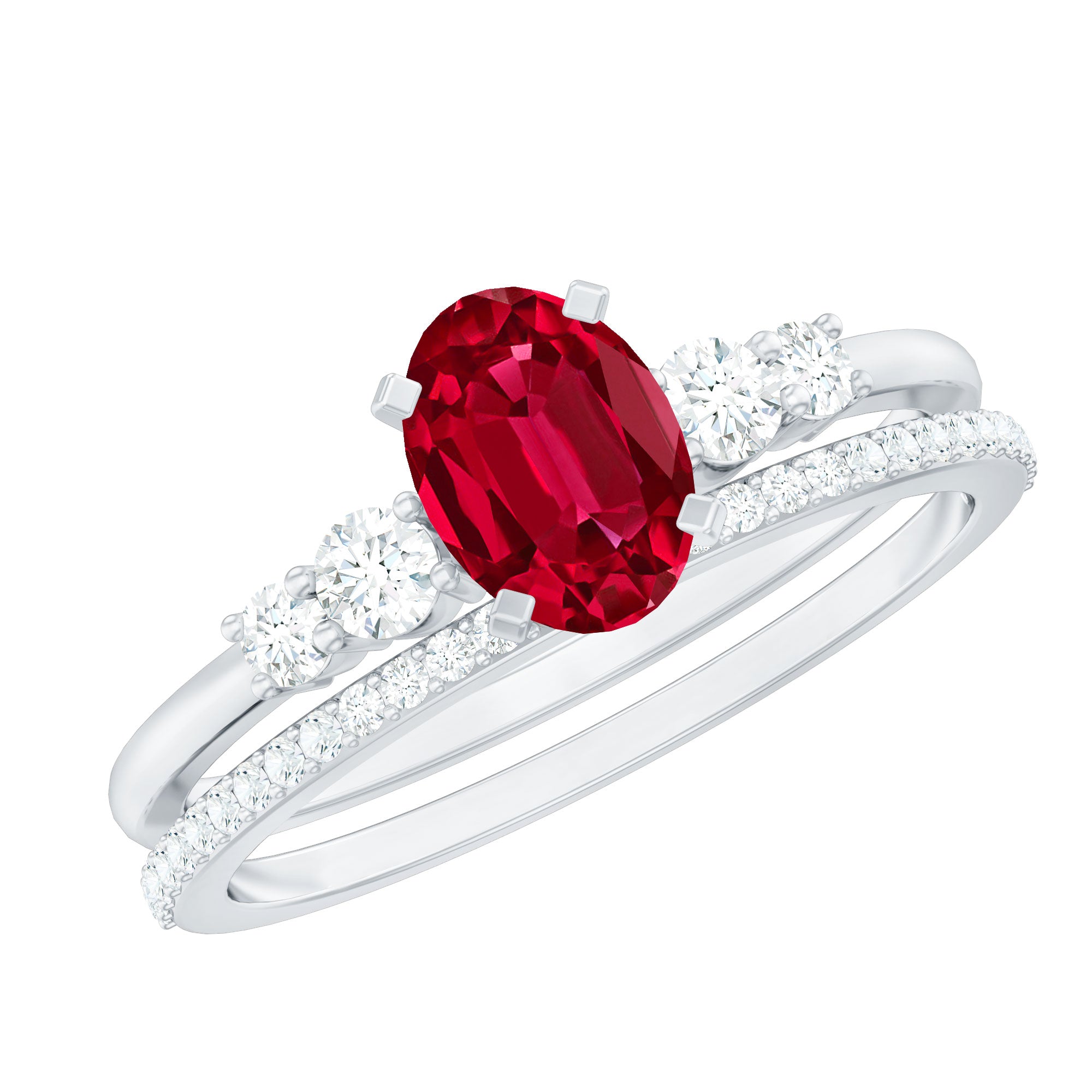2 CT Oval Created Ruby Solitaire Ring Set with Diamond