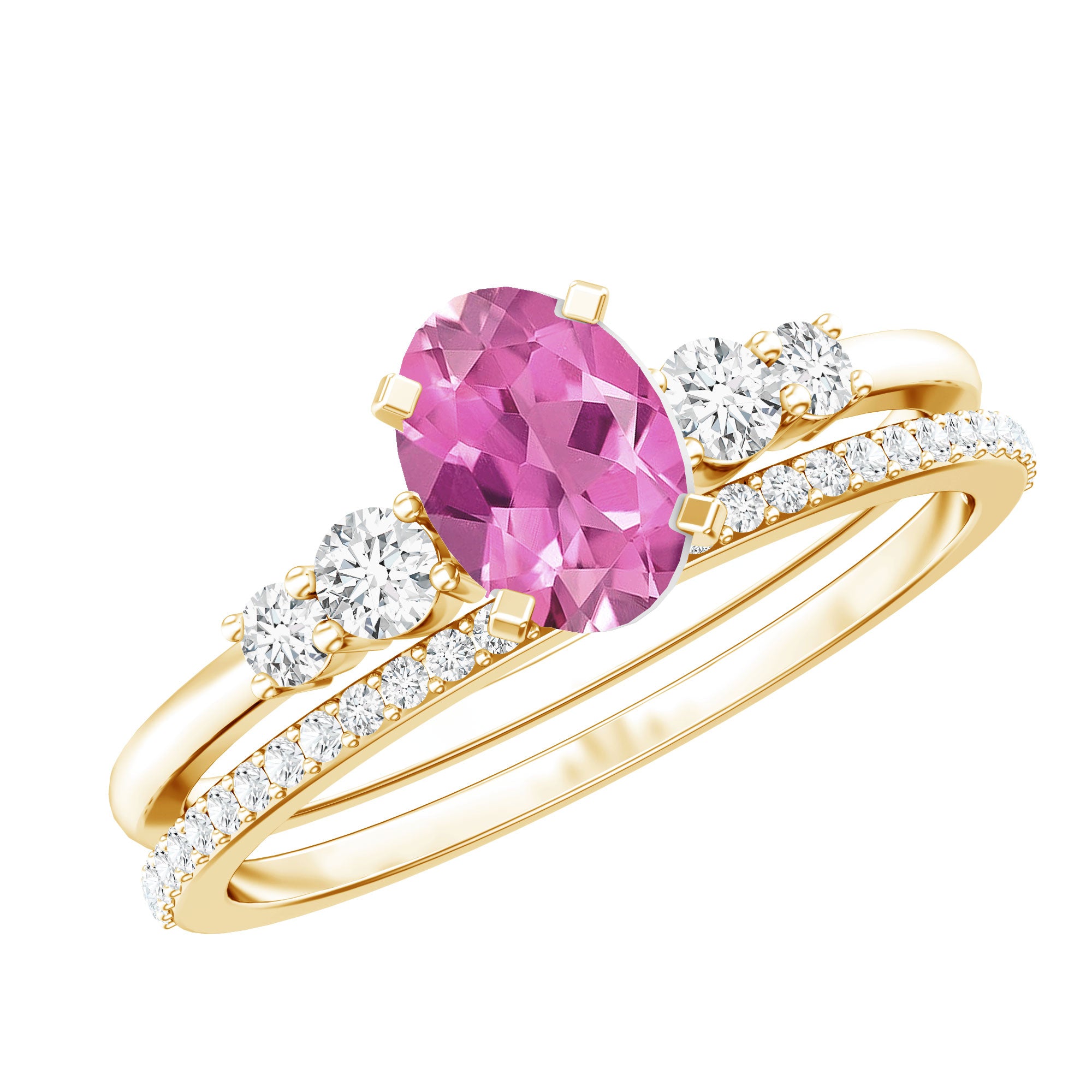 Oval Pink tourmaline Ring with Diamond Wedding Band AAA - Rosec Jewels