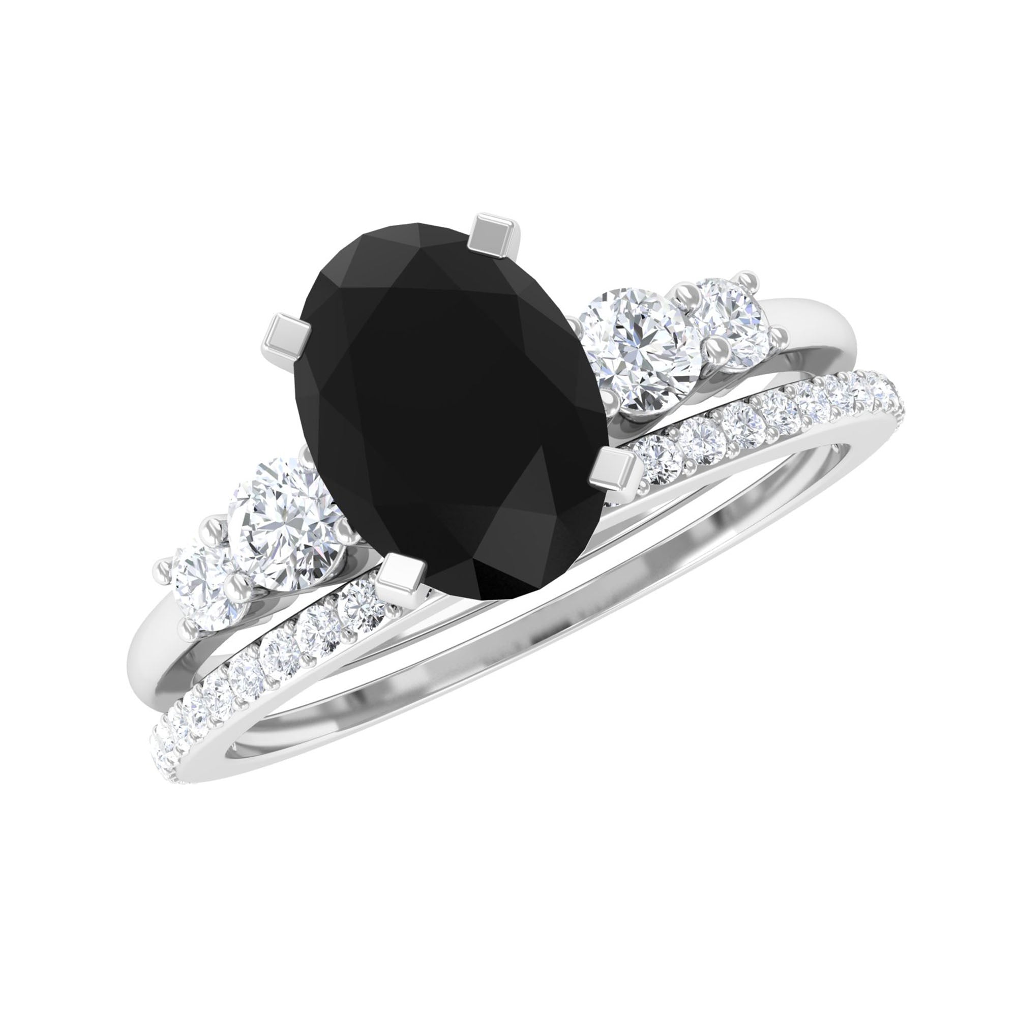 Natural Oval Shape Black Spinel Wedding Ring Set with Diamond
