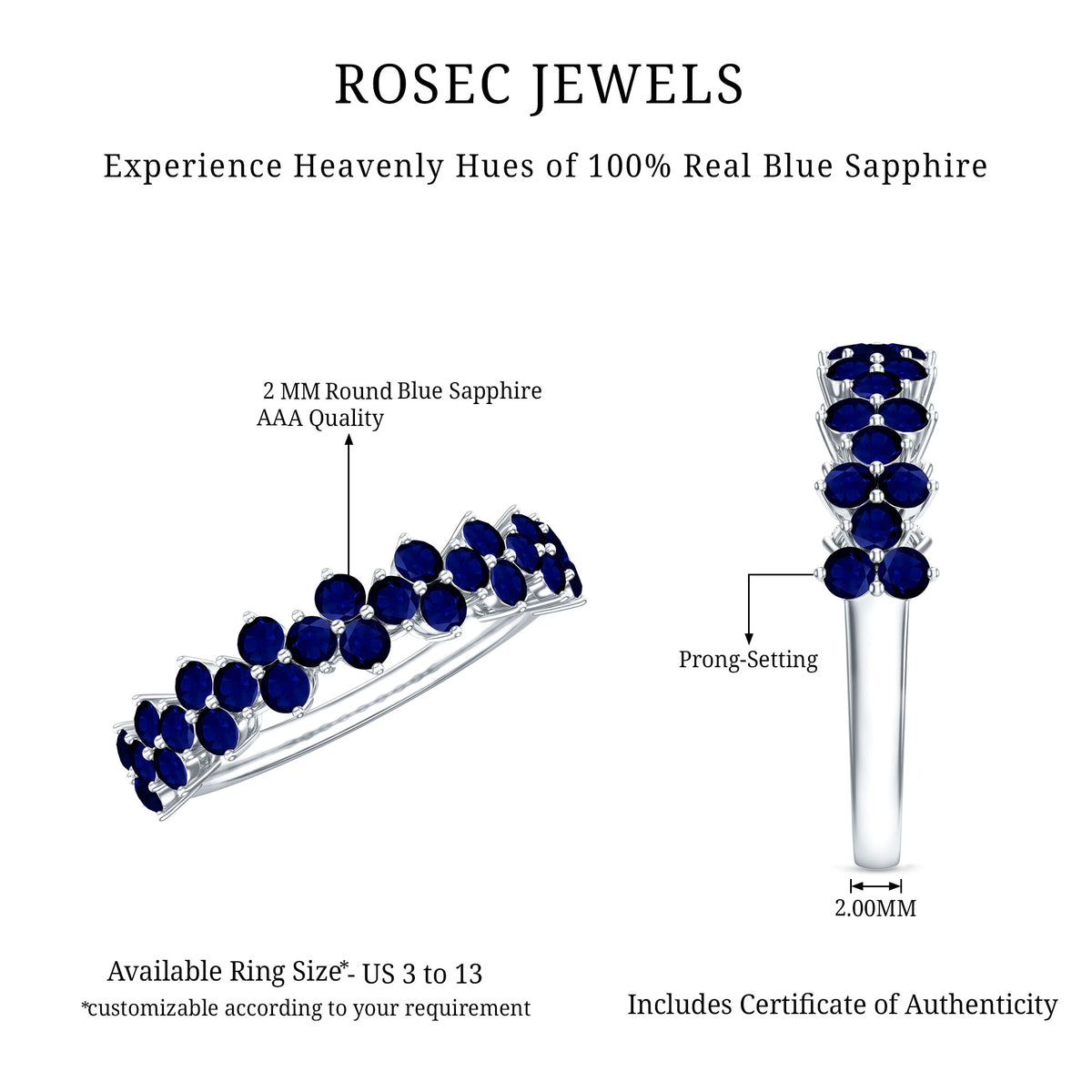 Natural Blue Sapphire Half Eternity Anniversary Ring AAA - Rosec Jewels
