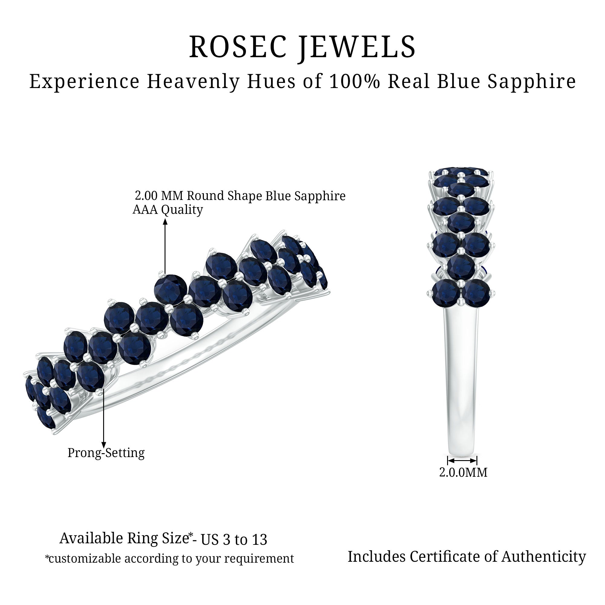 Natural Blue Sapphire Half Eternity Anniversary Ring AAA - Rosec Jewels
