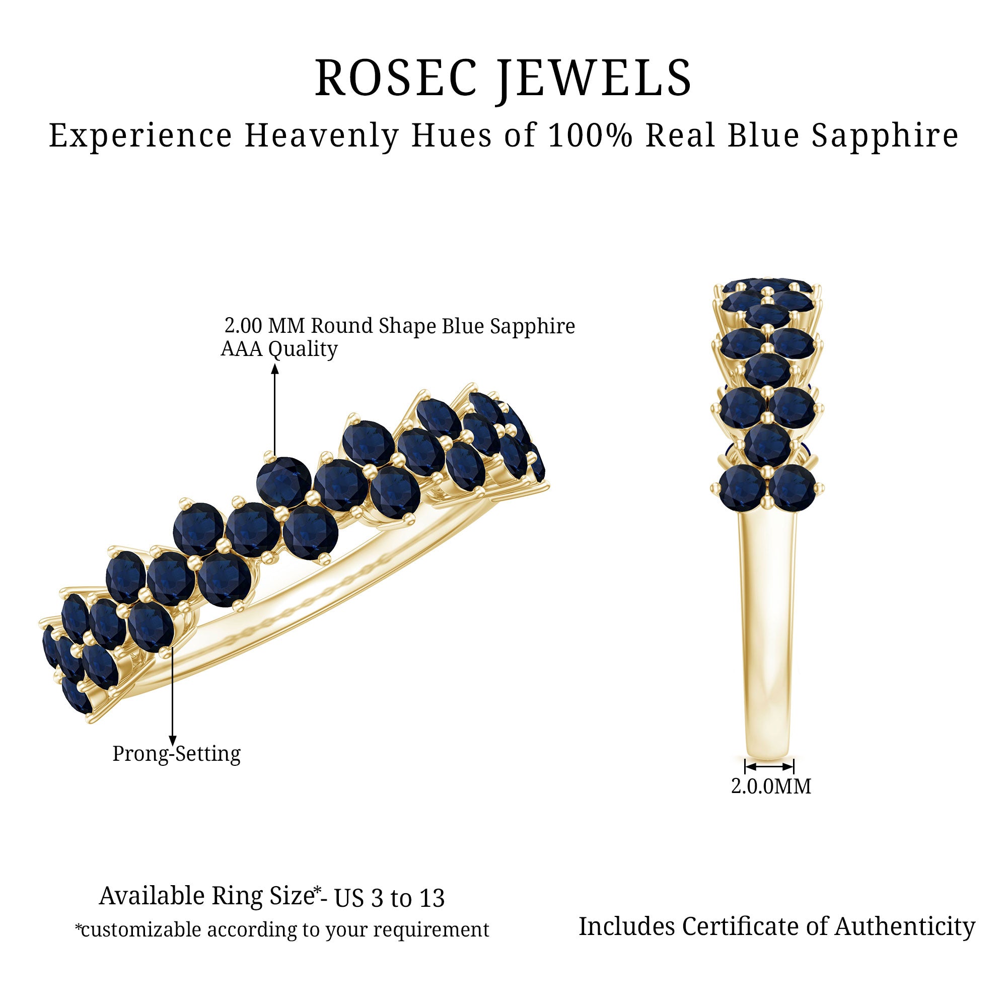 Natural Blue Sapphire Half Eternity Anniversary Ring AAA - Rosec Jewels