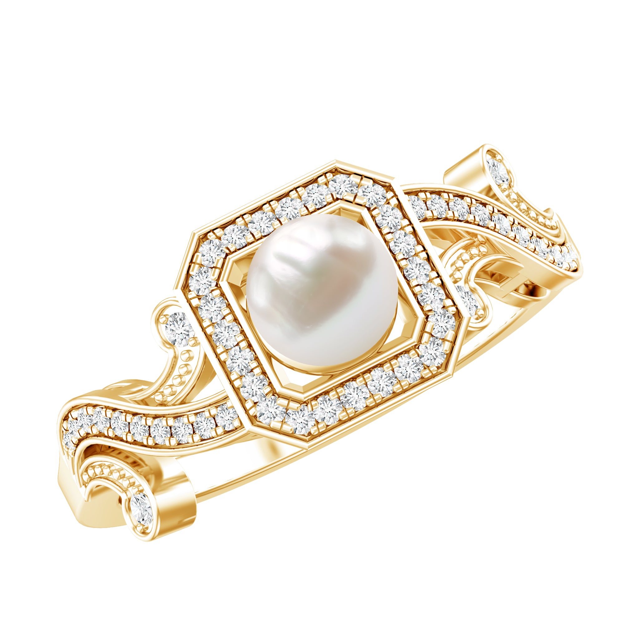 Rosec Jewels-Vintage Inspired 2 Carat Pearl Engagement Ring with Diamond Halo