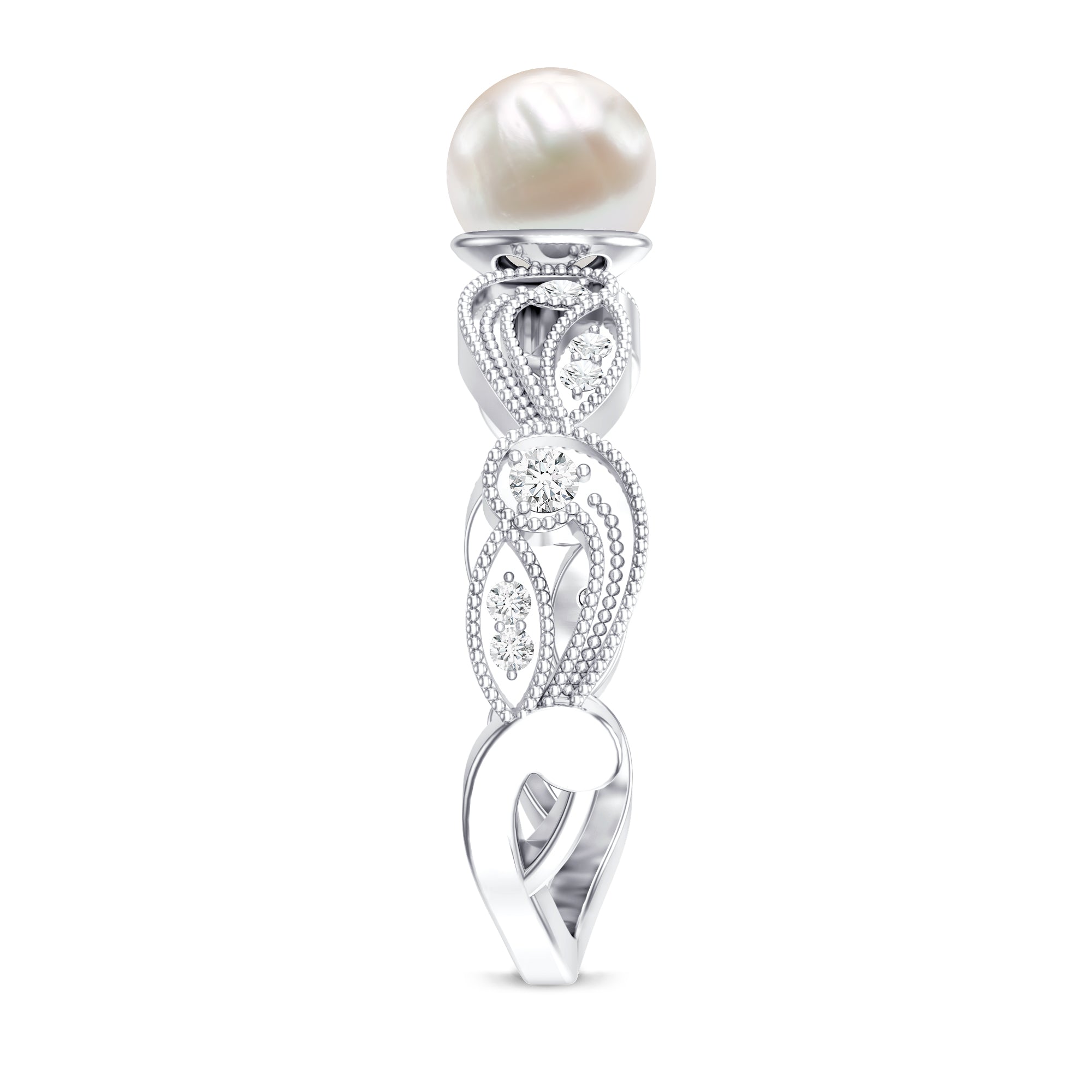2 Carat Freshwater Pearl Vintage Looking Engagement Ring with Diamond AAA - Rosec Jewels