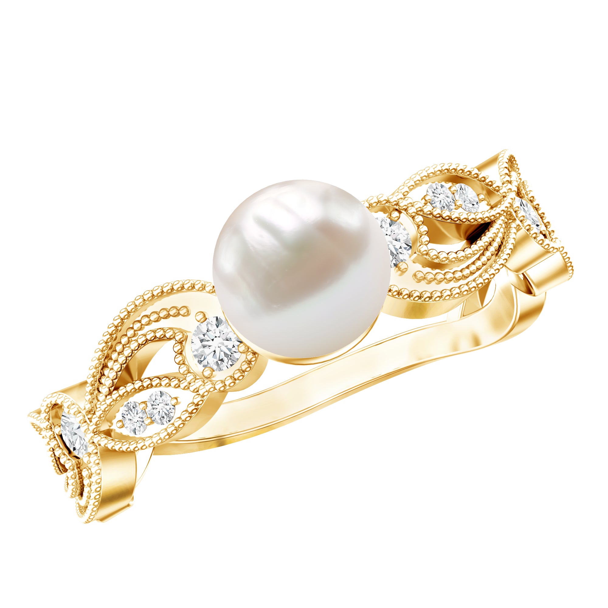 2 Carat Freshwater Pearl Vintage Looking Engagement Ring with Diamond AAA - Rosec Jewels