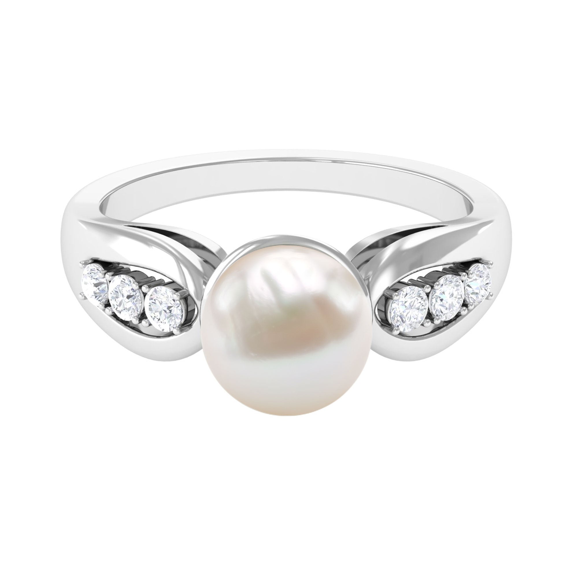 Bead Set Freshwater Pearl Solitaire Ring with Diamond Side Stones AAA - Rosec Jewels