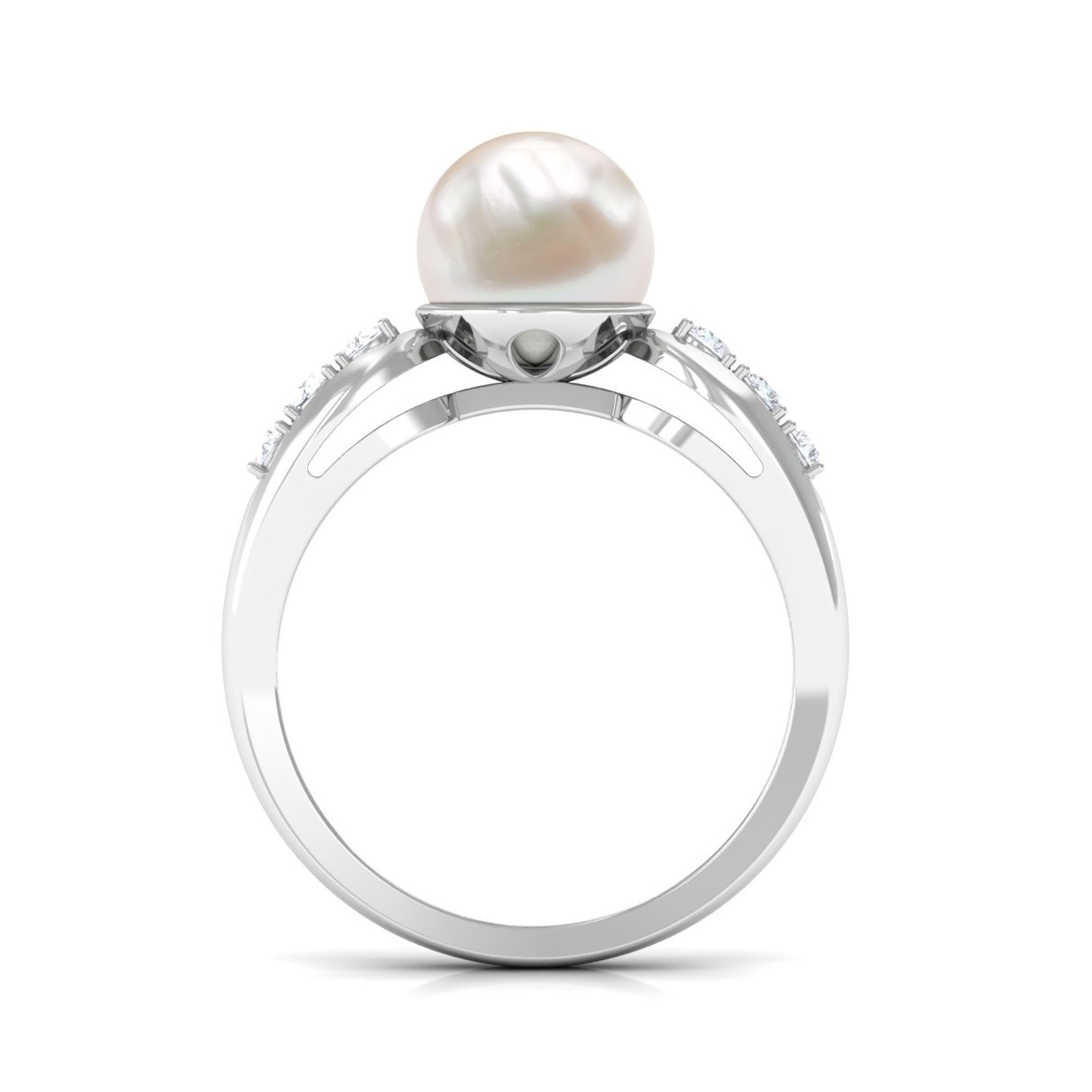 Bead Set Freshwater Pearl Solitaire Ring with Diamond Side Stones AAA - Rosec Jewels