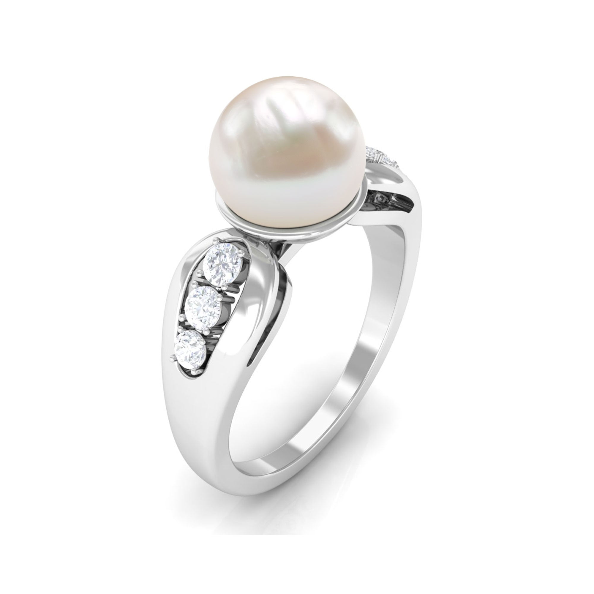 Bead Set Freshwater Pearl Solitaire Ring with Diamond Side Stones AAA - Rosec Jewels