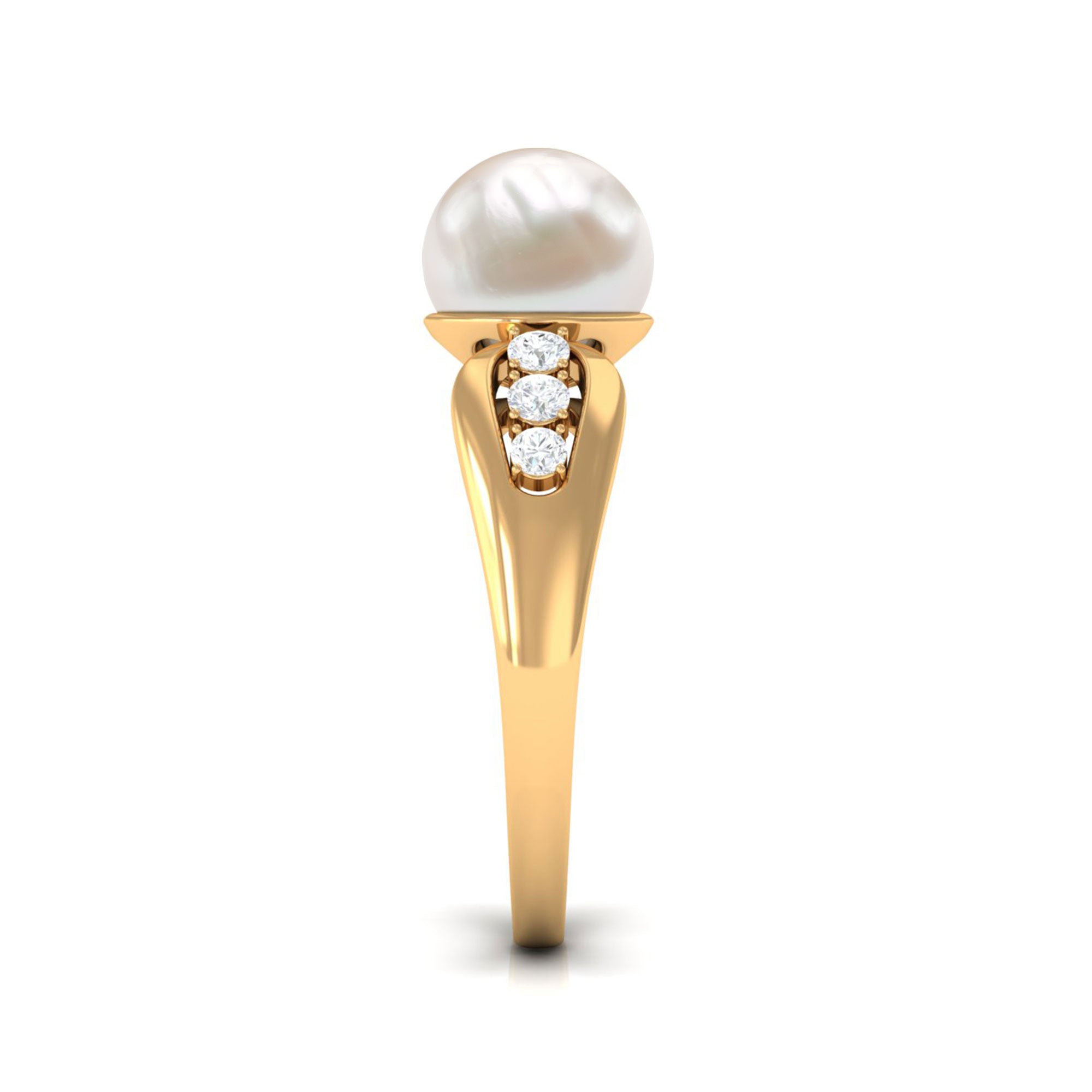 Bead Set Freshwater Pearl Solitaire Ring with Diamond Side Stones AAA - Rosec Jewels
