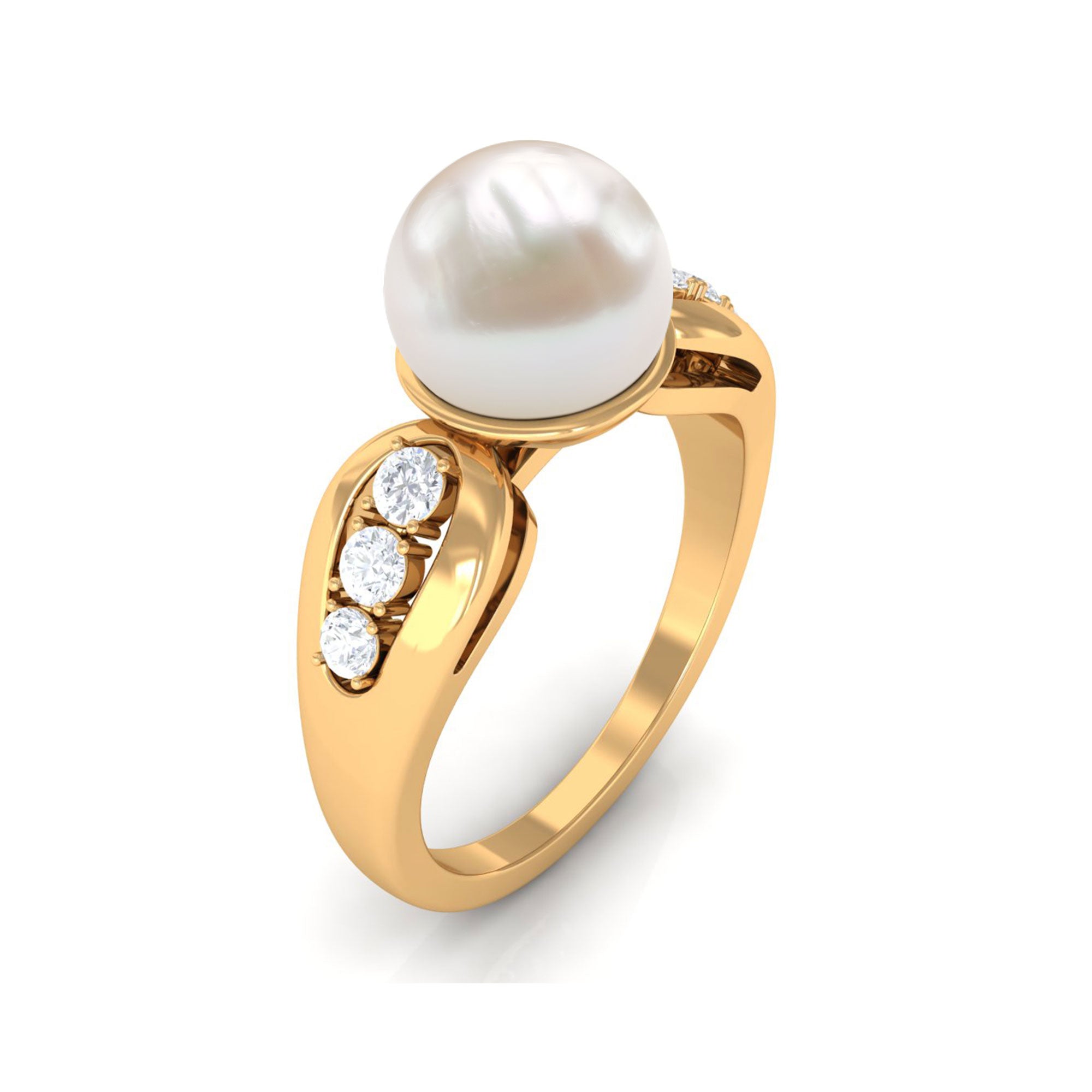 Bead Set Freshwater Pearl Solitaire Ring with Diamond Side Stones AAA - Rosec Jewels