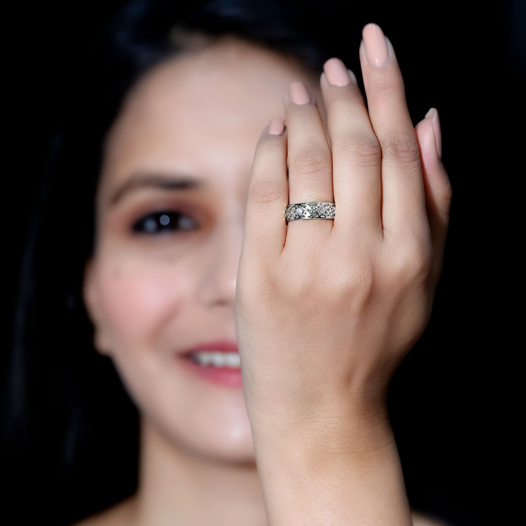 Bezel Set Round Diamond Filigree Ring Natural - ( HI-SI ) - Rosec Jewels
