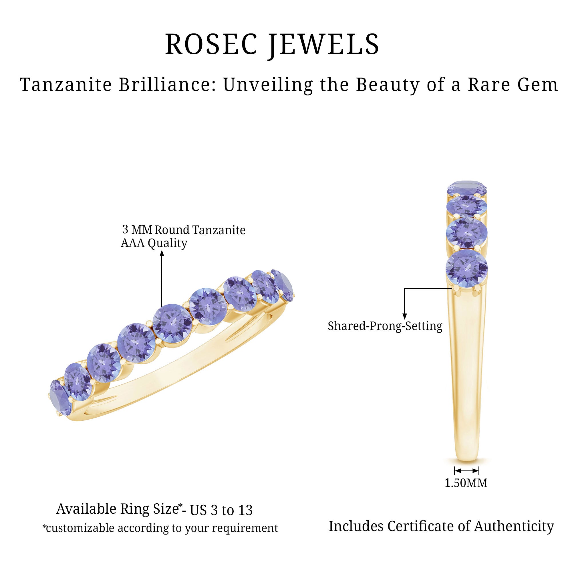 Rosec Jewels-Natural Tanzanite Half Eternity Ring with Certificate