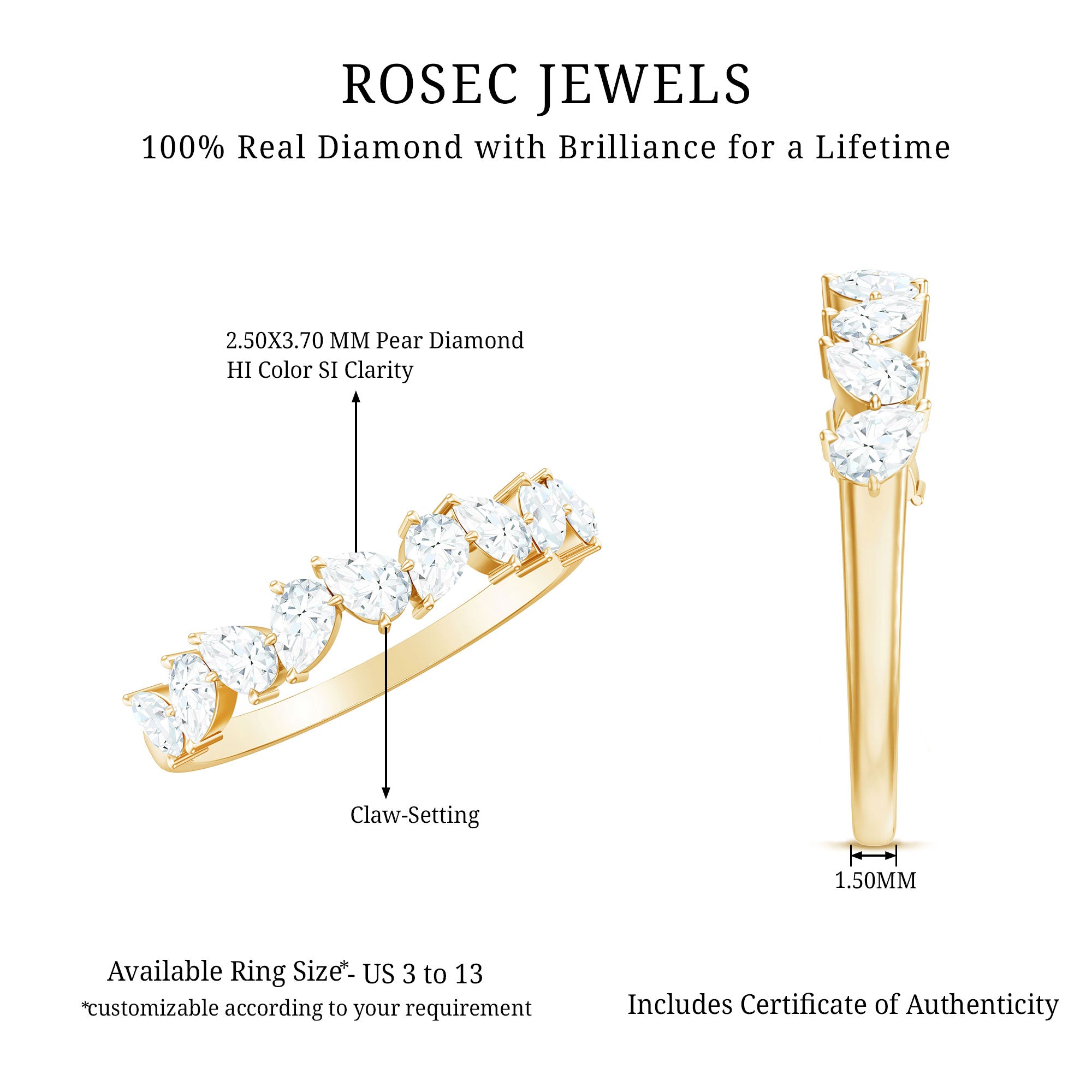Natural Pear Shape Diamond Half Eternity Ring for Women Natural - ( HI-SI ) - Rosec Jewels