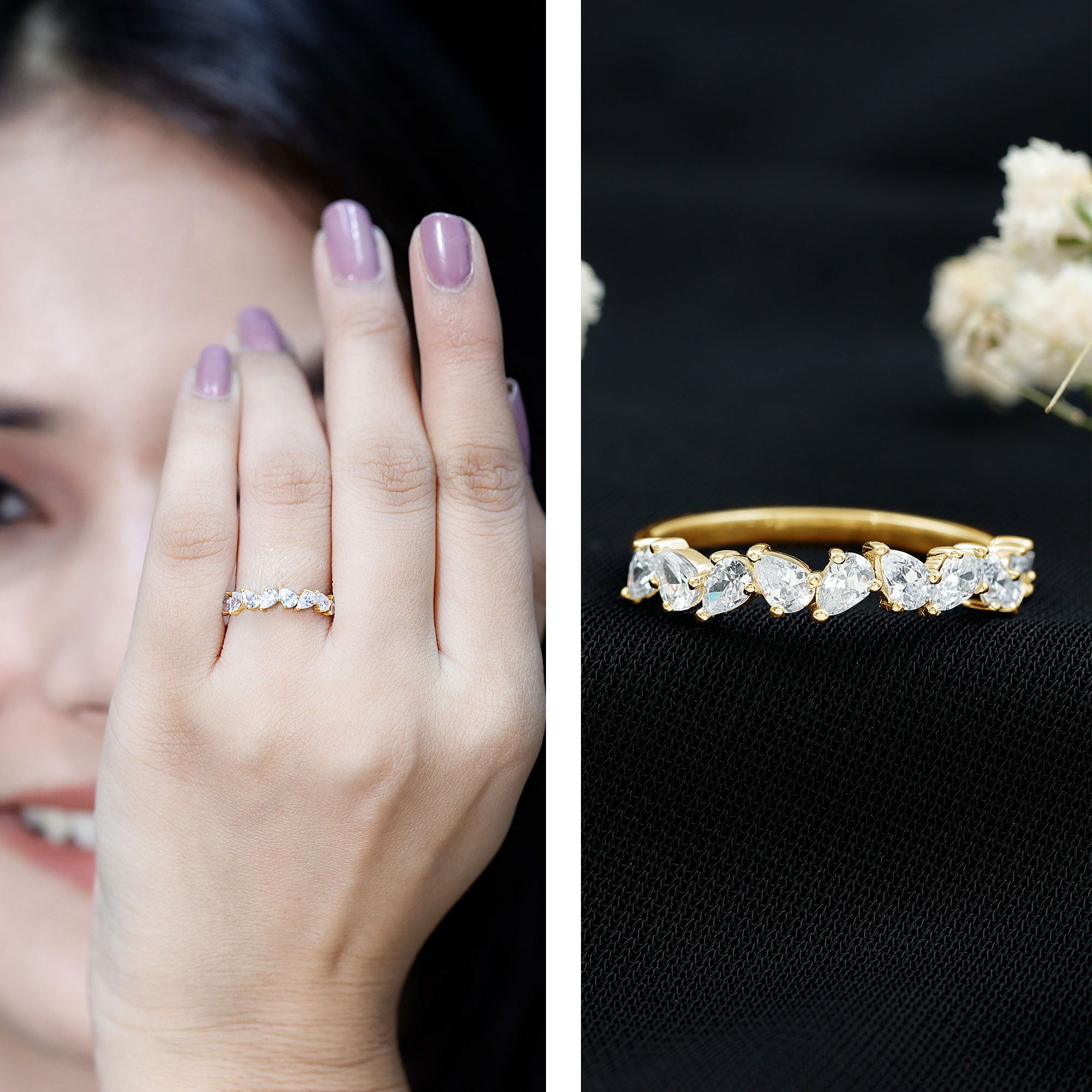 Natural Pear Shape Diamond Half Eternity Ring for Women Natural - ( HI-SI ) - Rosec Jewels