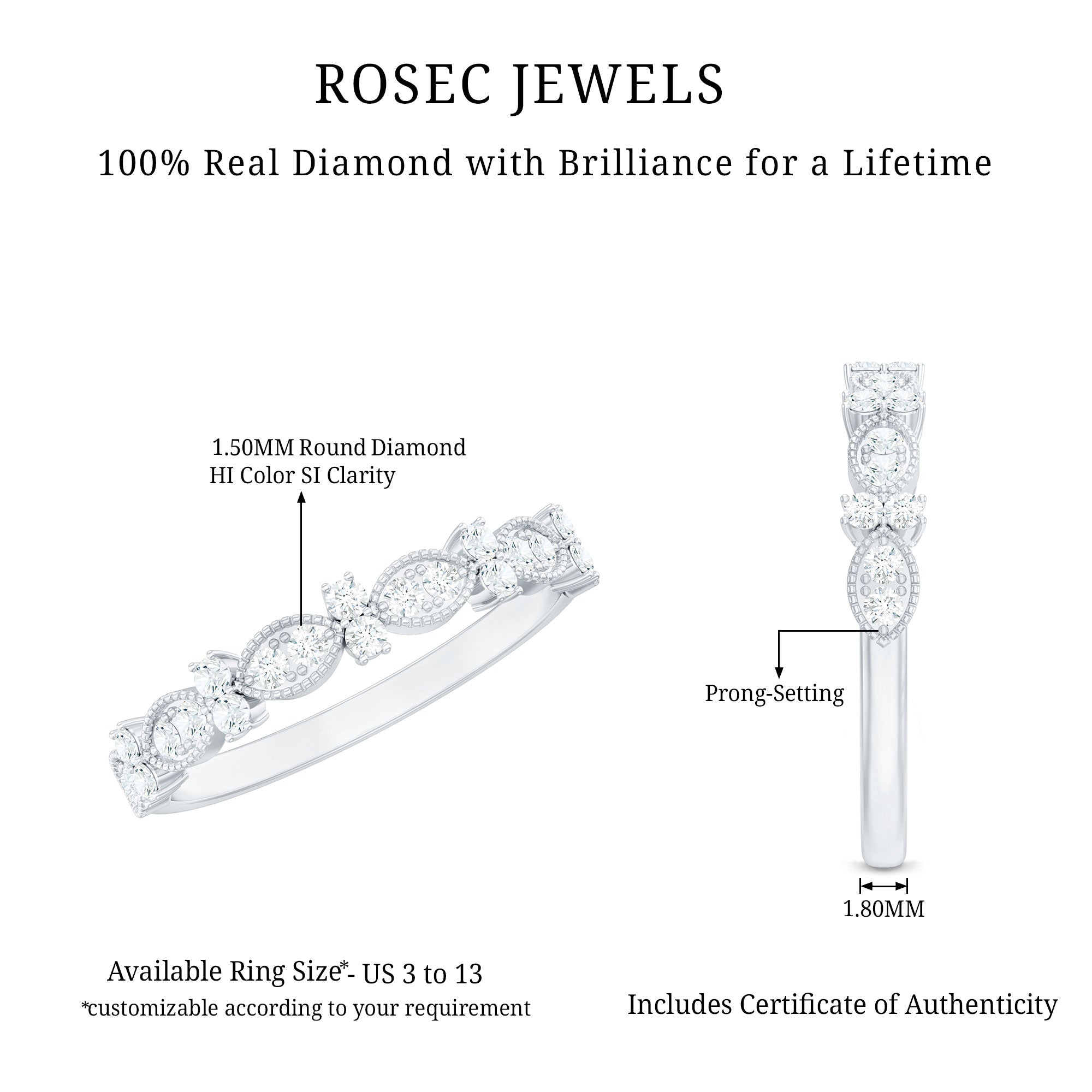 Designer Diamond Half Eternity Ring for Valentines Natural - ( HI-SI ) - Rosec Jewels