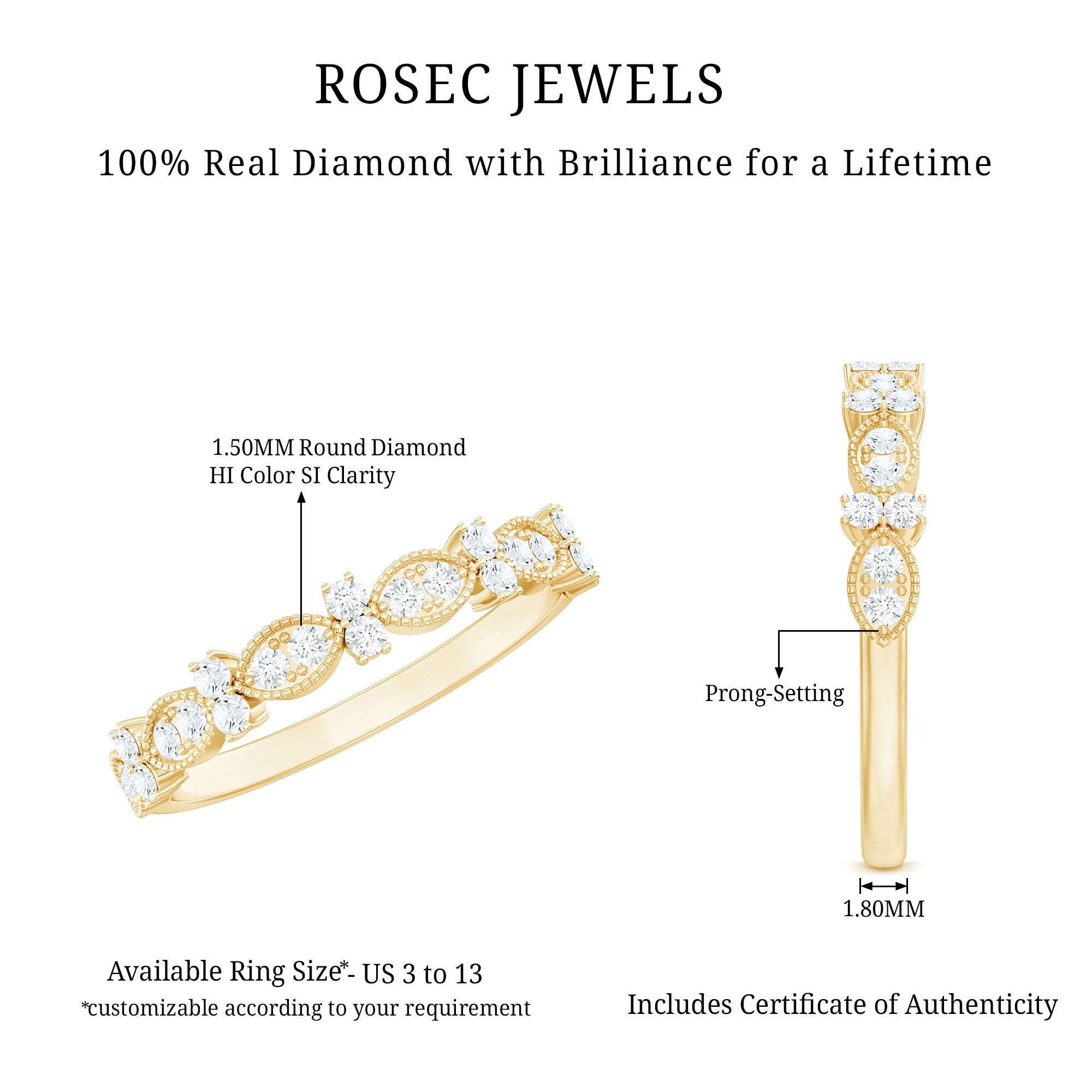 Designer Diamond Half Eternity Ring for Valentines Natural - ( HI-SI ) - Rosec Jewels