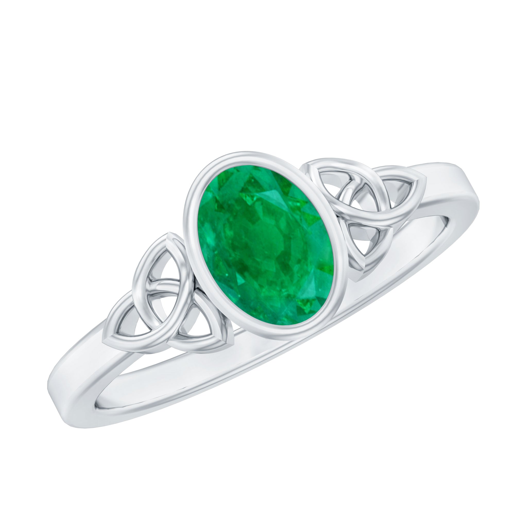 Oval Shaped Emerald Celtic Engagement Ring in Bezel Setting