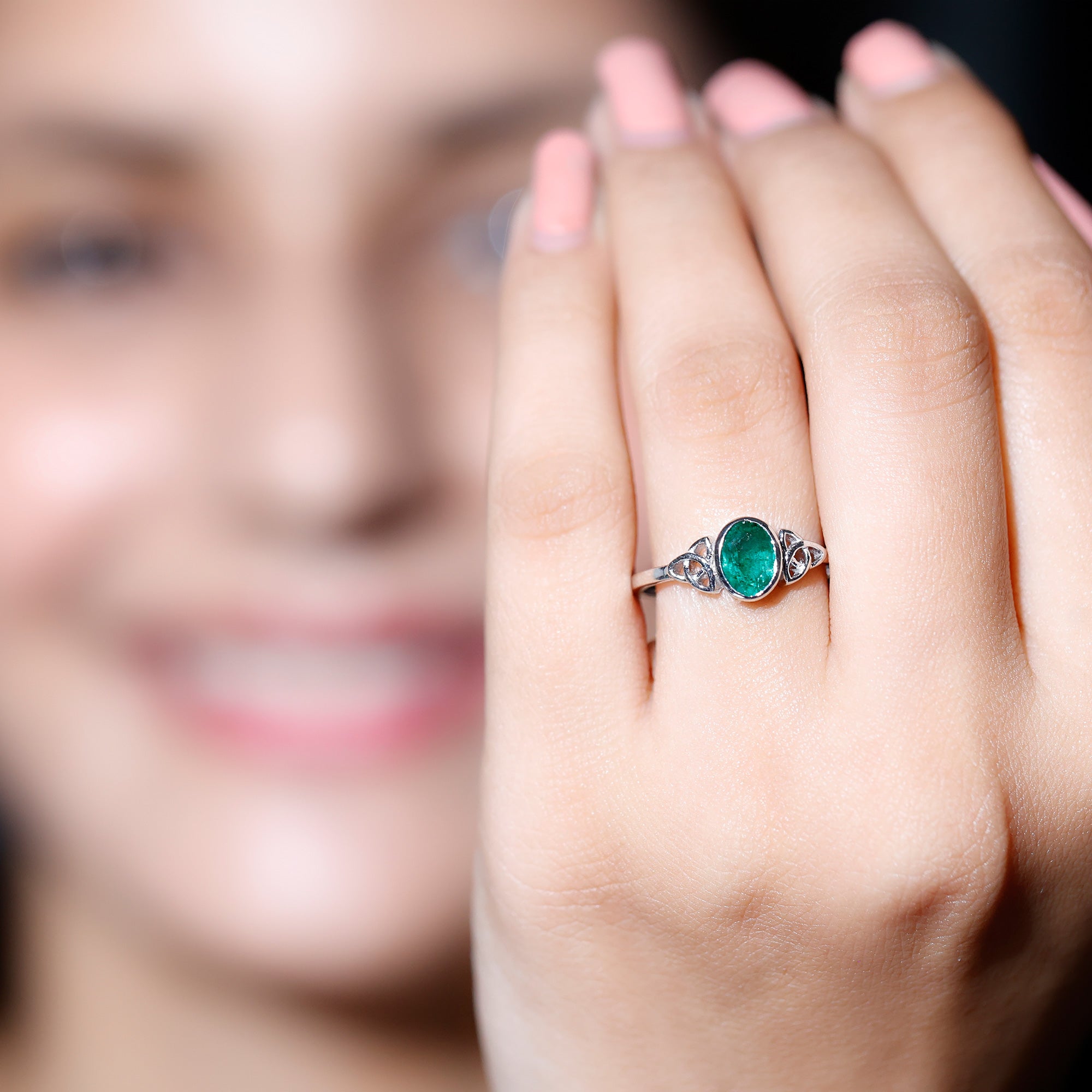 Oval Shaped Emerald Celtic Engagement Ring in Bezel Setting AAA - Rosec Jewels