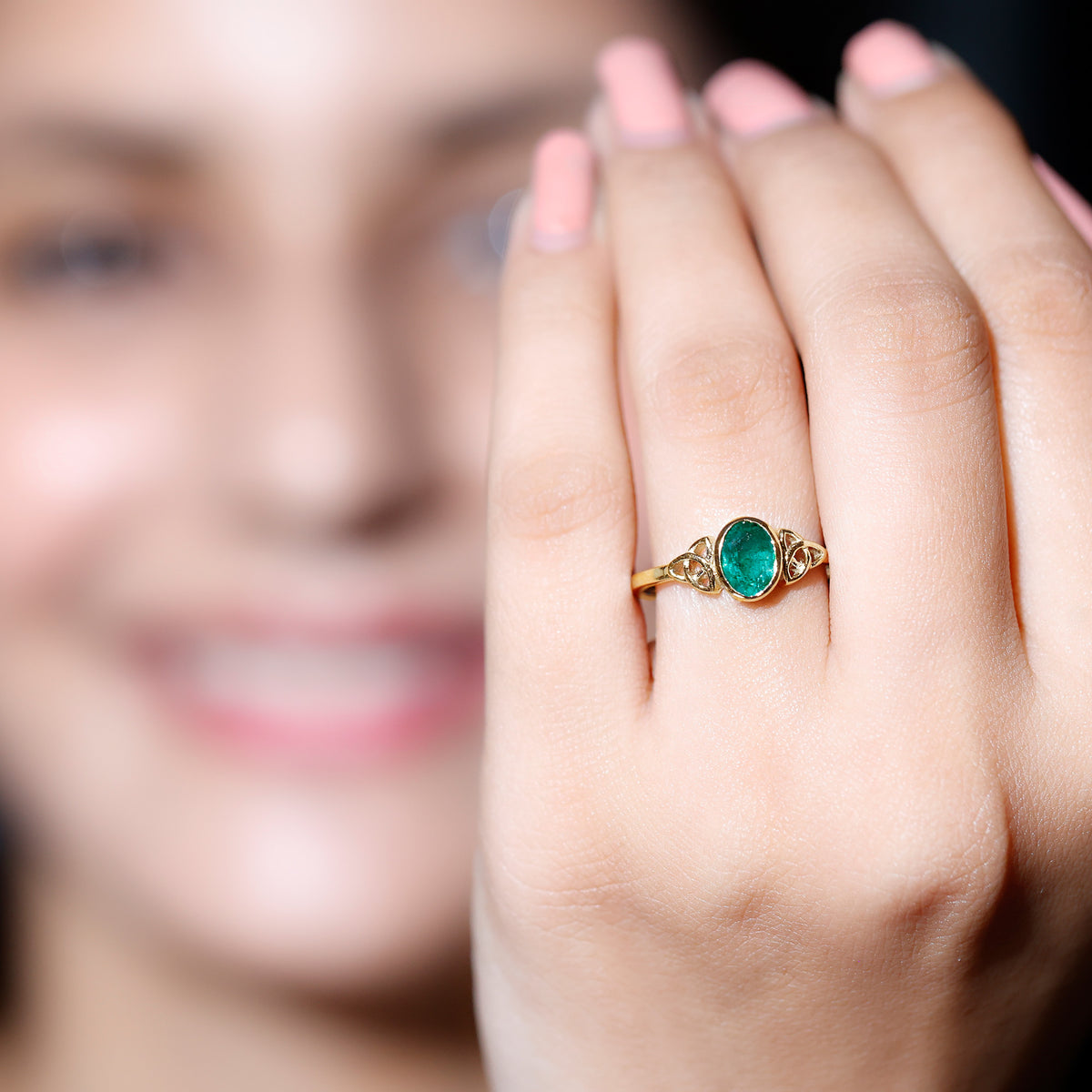 Oval Shaped Emerald Celtic Engagement Ring in Bezel Setting AAA - Rosec Jewels