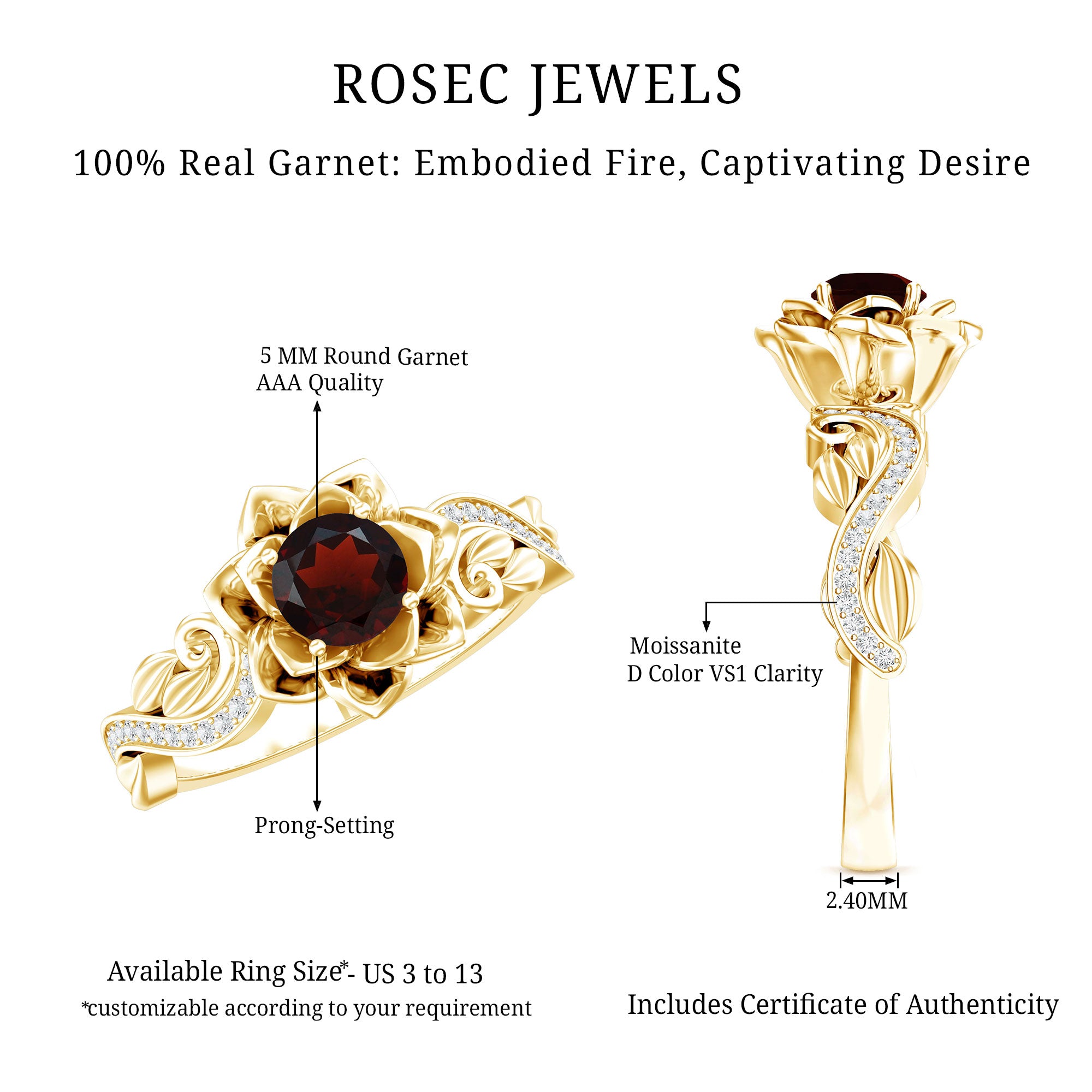 Real Garnet Vintage Engagement Ring in 14K Yellow Gold Plated Silver AAA 14K Yellow Gold Plated Silver - Rosec Jewels