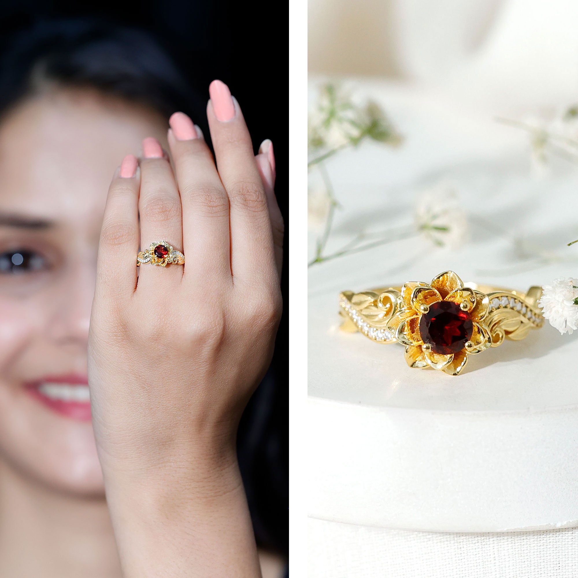Real Garnet Vintage Engagement Ring in 14K Yellow Gold Plated Silver AAA 14K Yellow Gold Plated Silver - Rosec Jewels