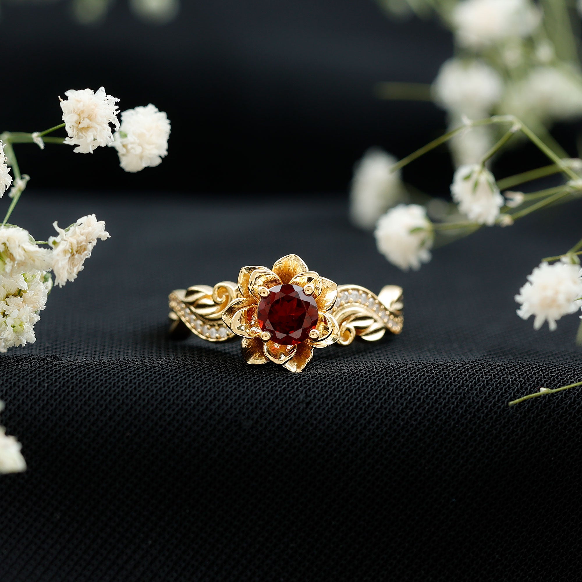 Real Garnet Vintage Engagement Ring in 14K Yellow Gold Plated Silver AAA 14K Yellow Gold Plated Silver - Rosec Jewels