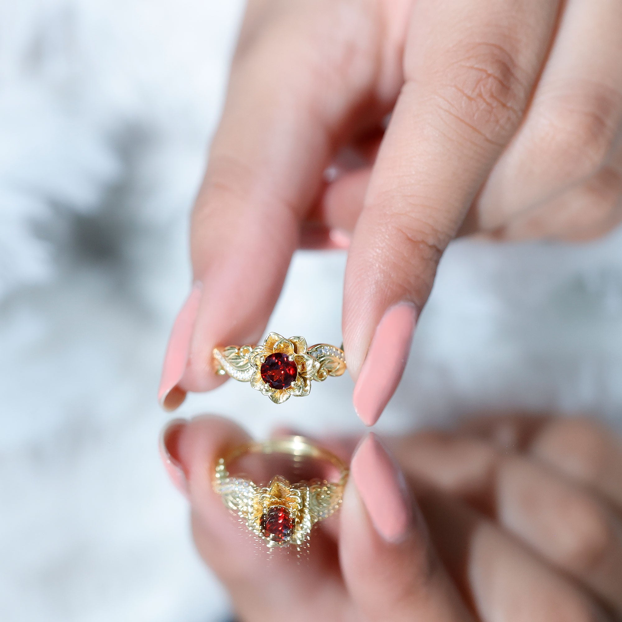 Real Garnet Vintage Engagement Ring in 14K Yellow Gold Plated Silver AAA 14K Yellow Gold Plated Silver - Rosec Jewels