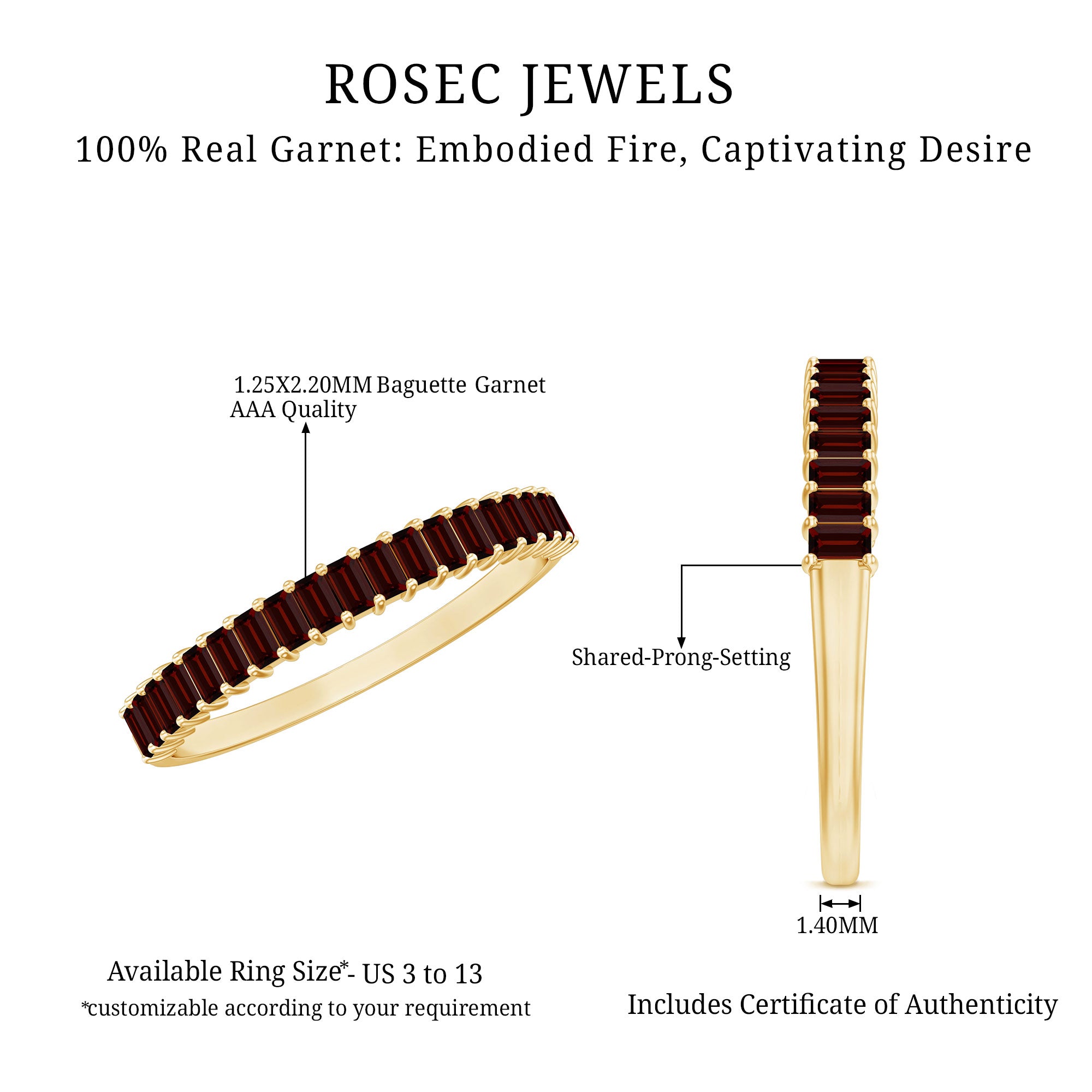 Certified Baguette Garnet Half Eternity Ring in Yellow Gold Plated Silver AAA 14K Yellow Gold Plated Silver - Rosec Jewels