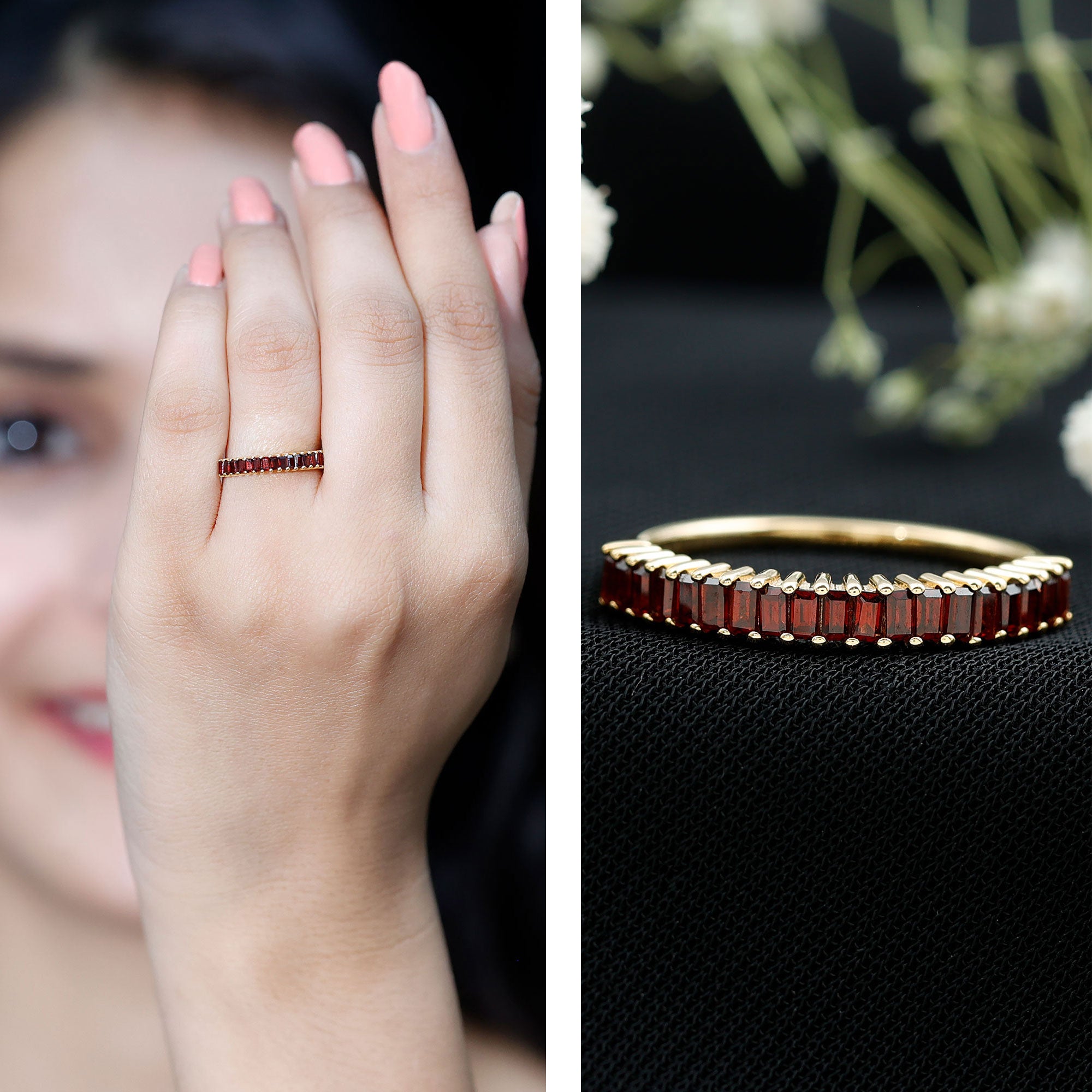 Certified Baguette Garnet Half Eternity Ring in Yellow Gold Plated Silver AAA 14K Yellow Gold Plated Silver - Rosec Jewels