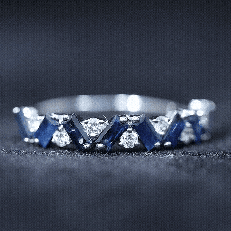 Certified Real Baguette Blue Sapphire Half Eternity Ring with Diamond AAA - Rosec Jewels
